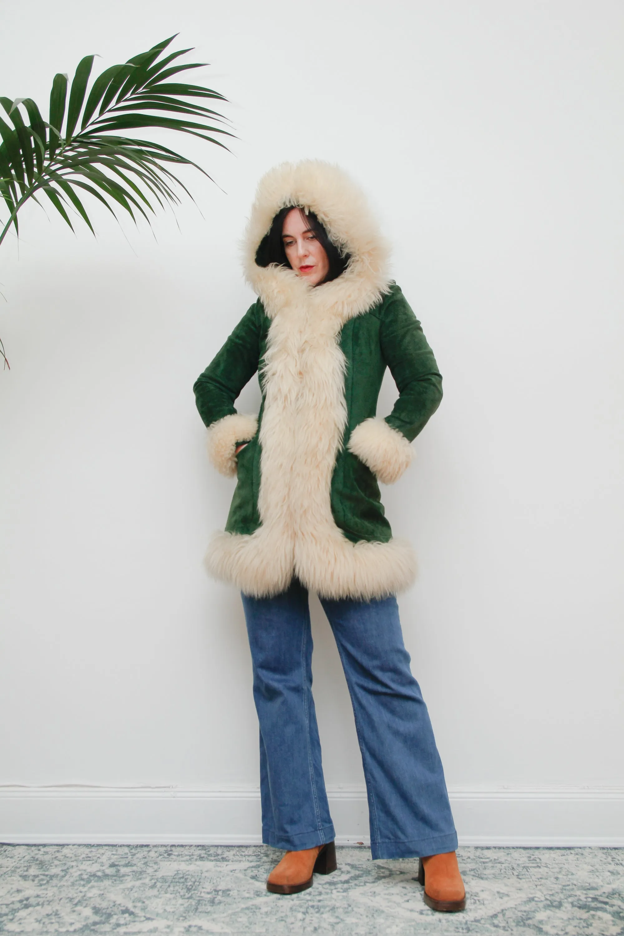 1970's Green Afghan Penny Lane Suede Sheepskin Coat