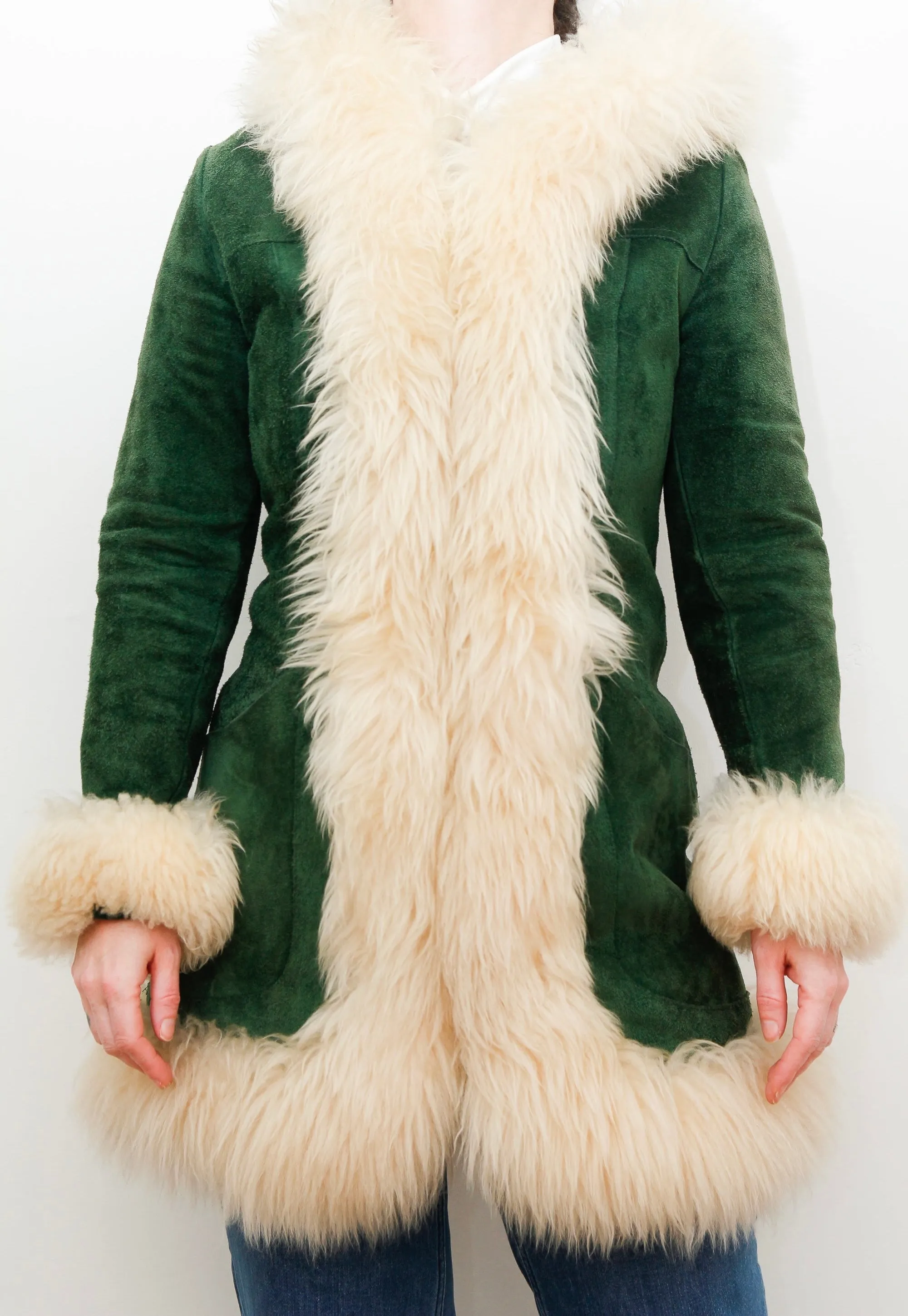1970's Green Afghan Penny Lane Suede Sheepskin Coat