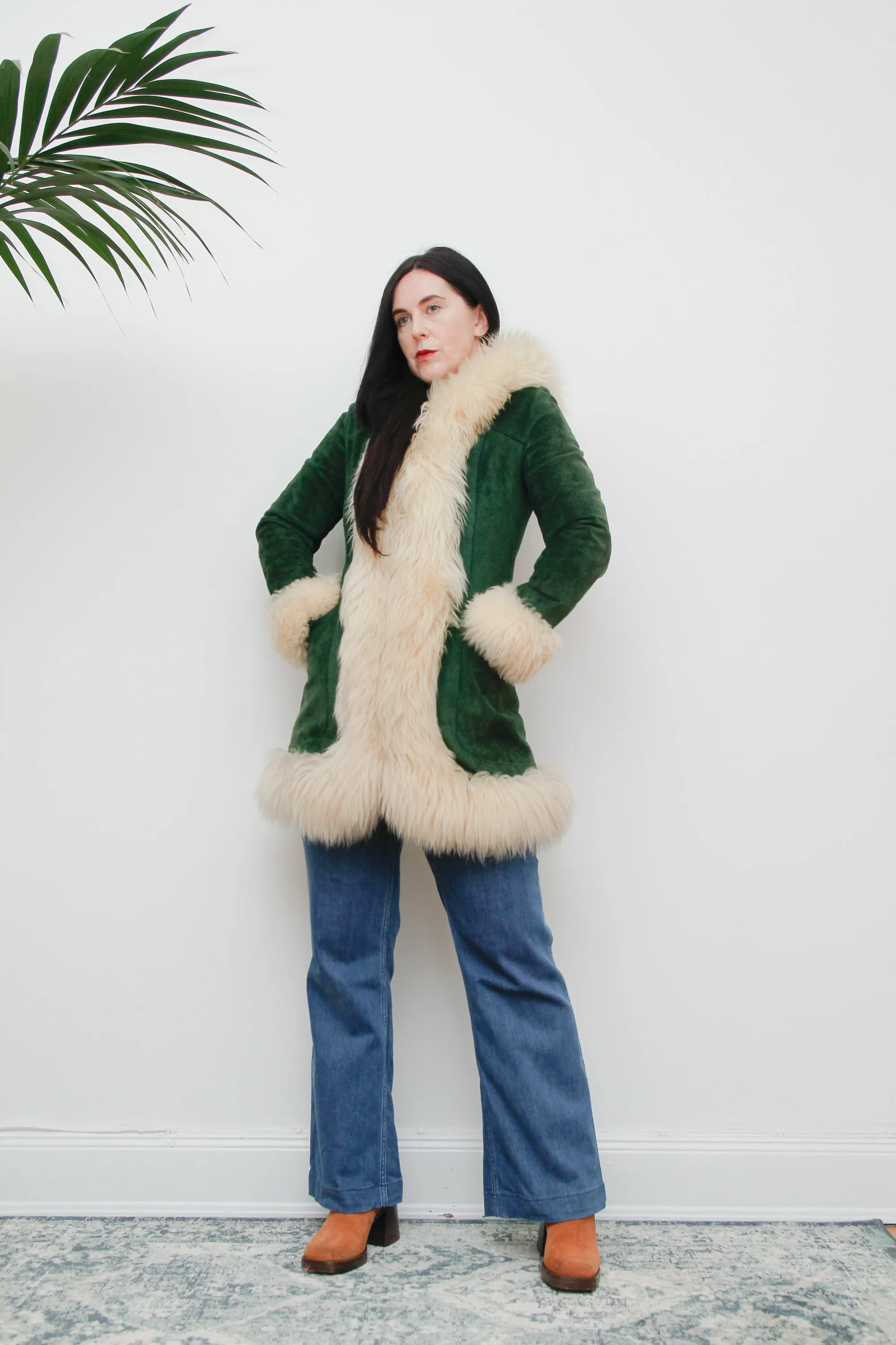 1970's Green Afghan Penny Lane Suede Sheepskin Coat