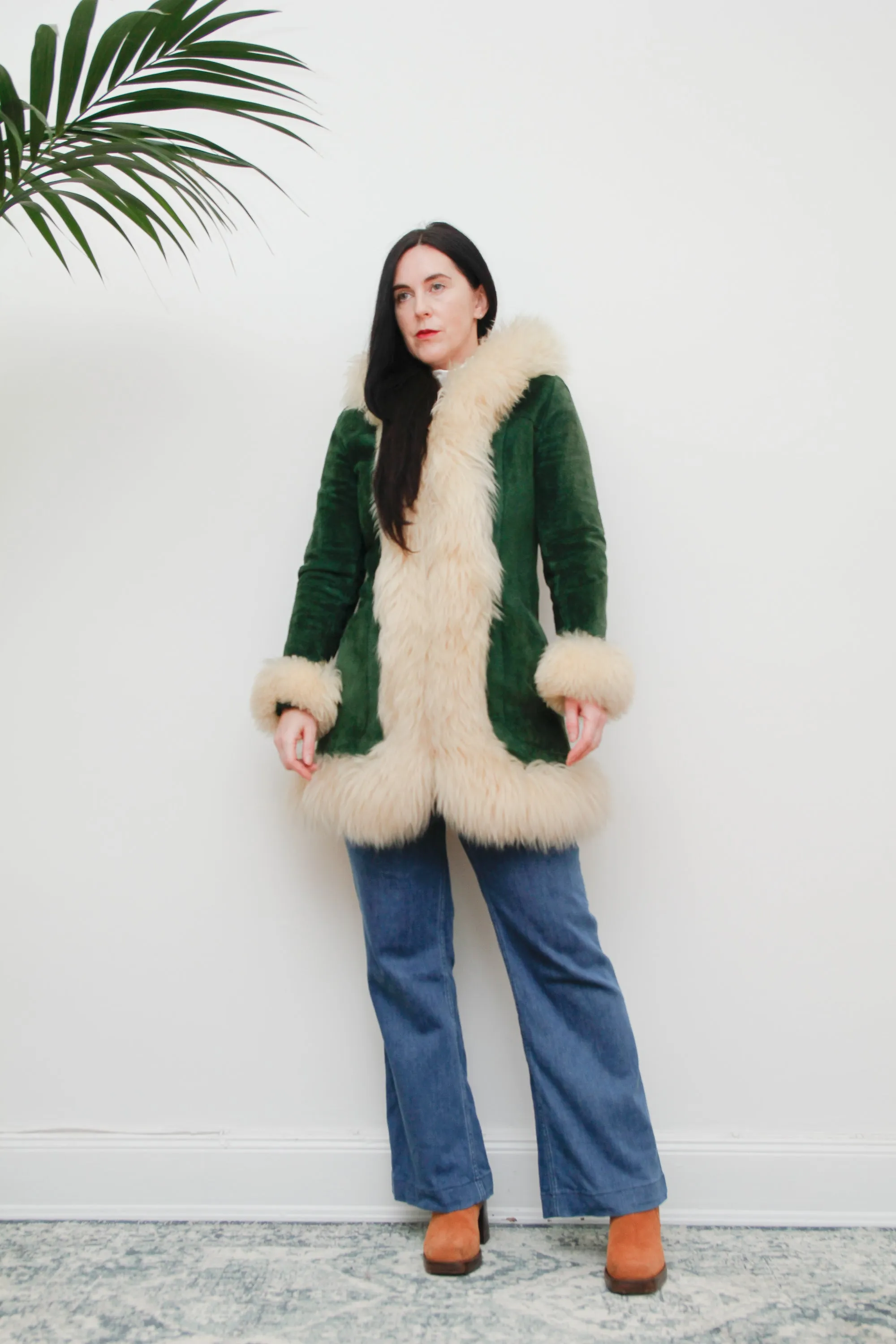 1970's Green Afghan Penny Lane Suede Sheepskin Coat