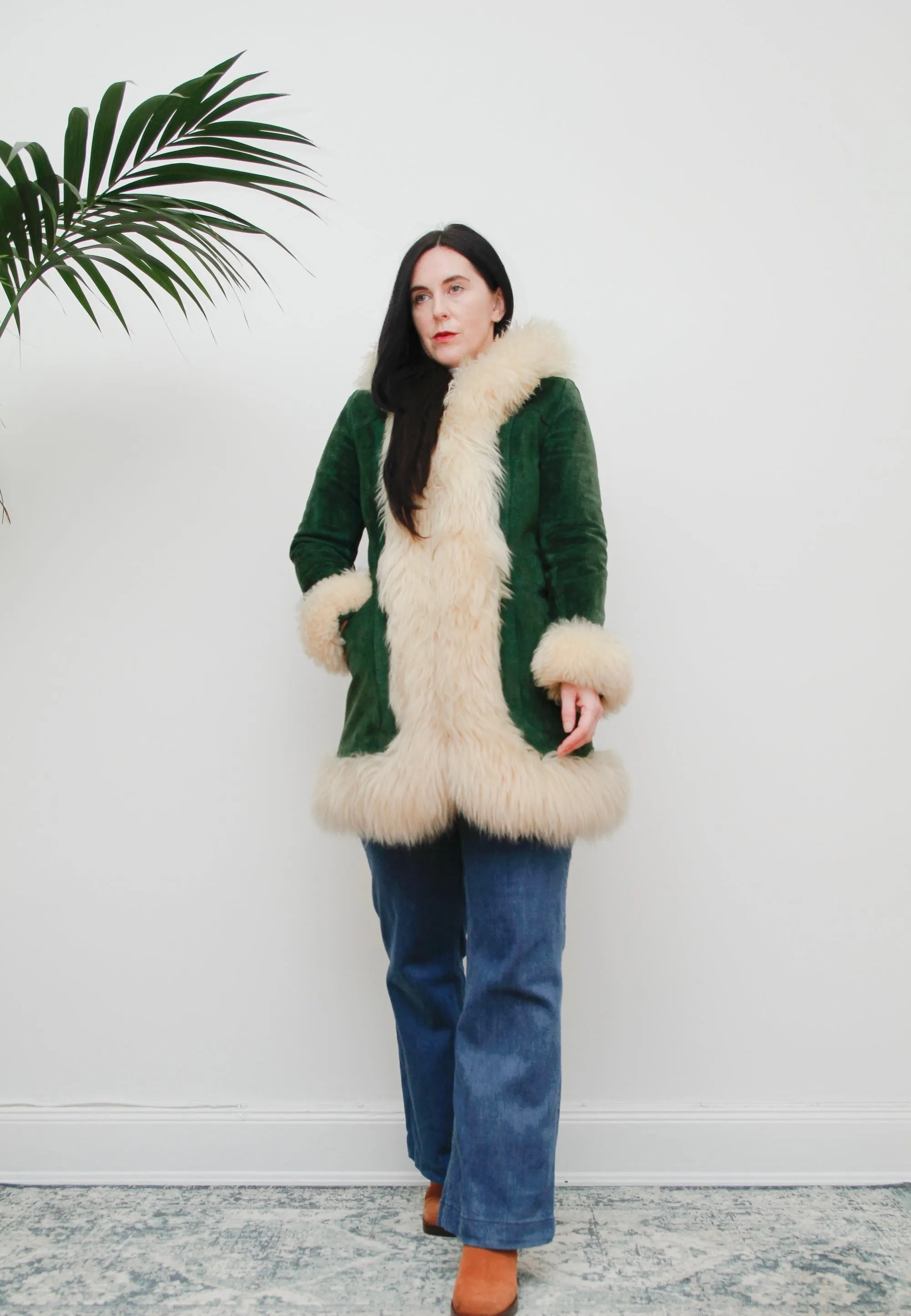 1970's Green Afghan Penny Lane Suede Sheepskin Coat