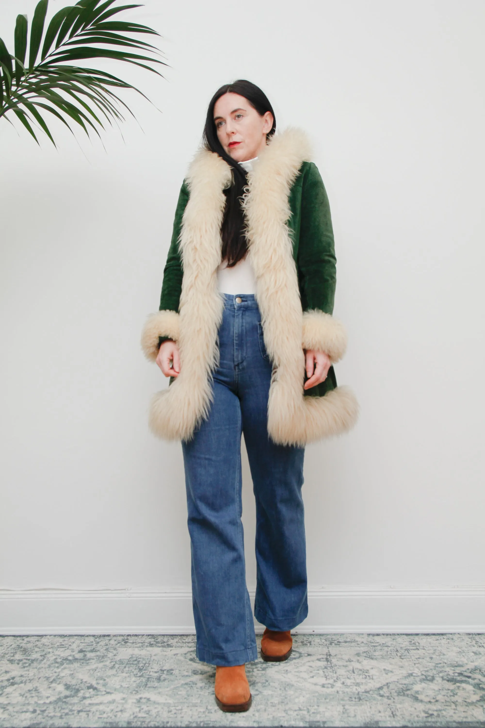 1970's Green Afghan Penny Lane Suede Sheepskin Coat