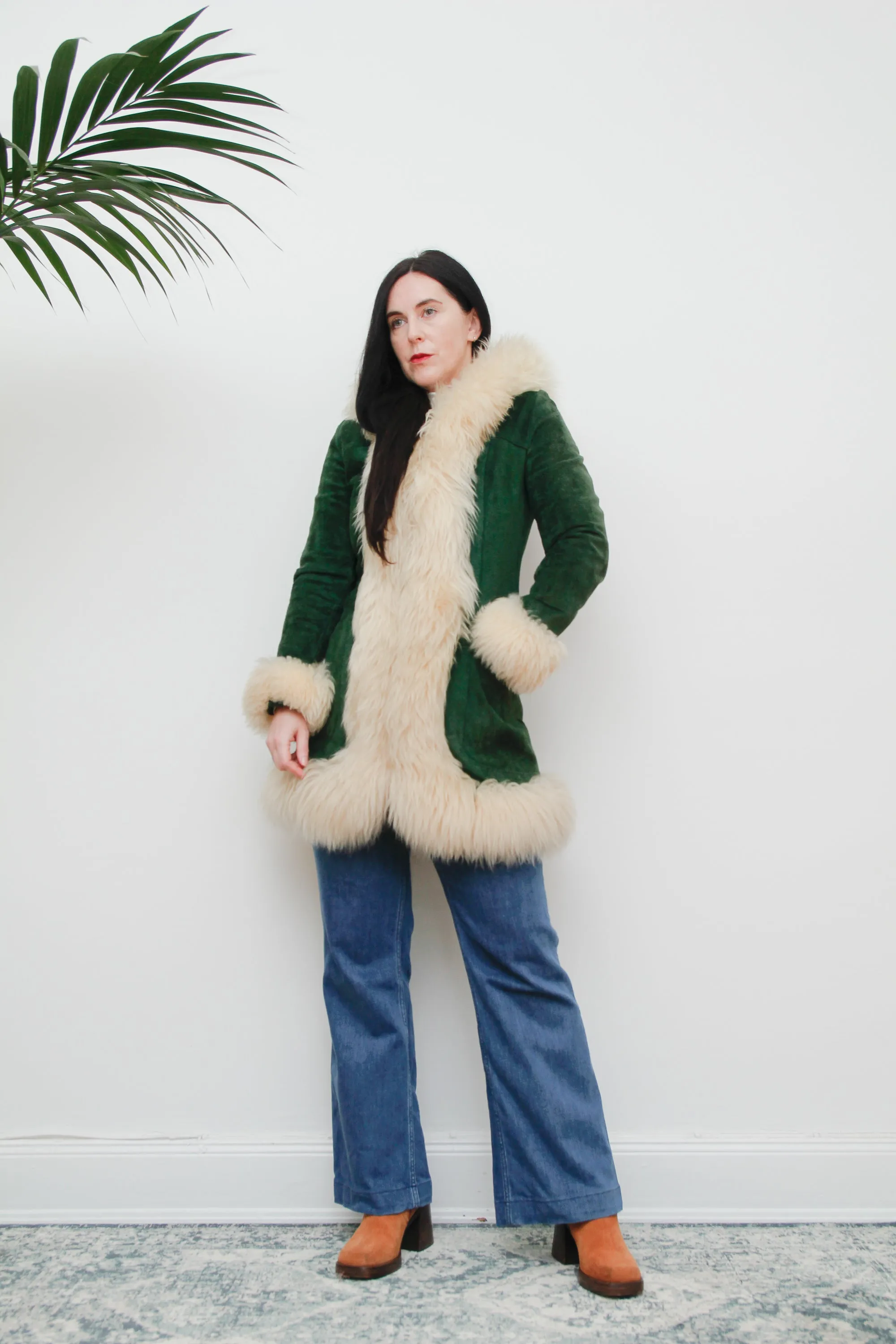 1970's Green Afghan Penny Lane Suede Sheepskin Coat