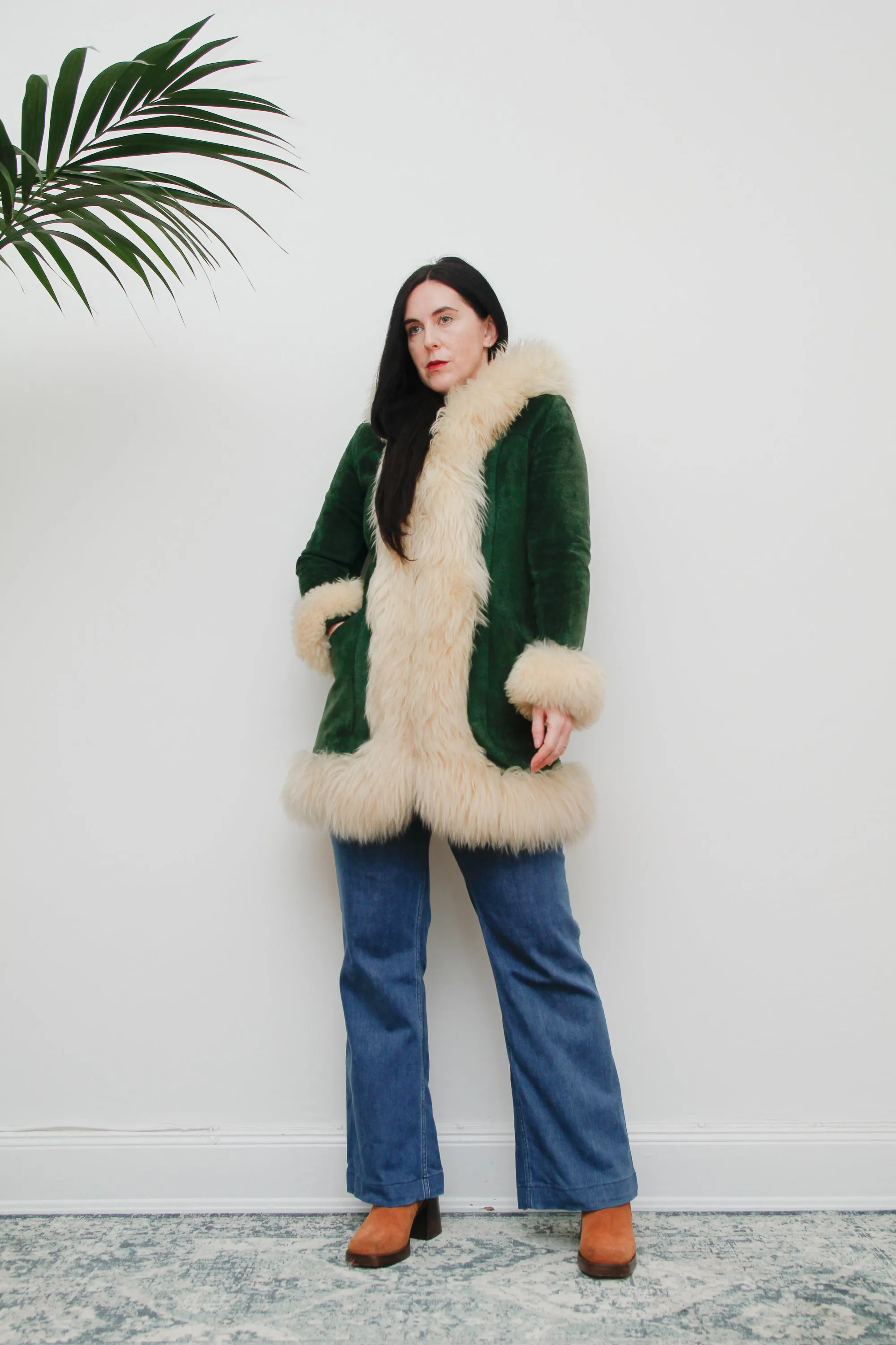 1970's Green Afghan Penny Lane Suede Sheepskin Coat