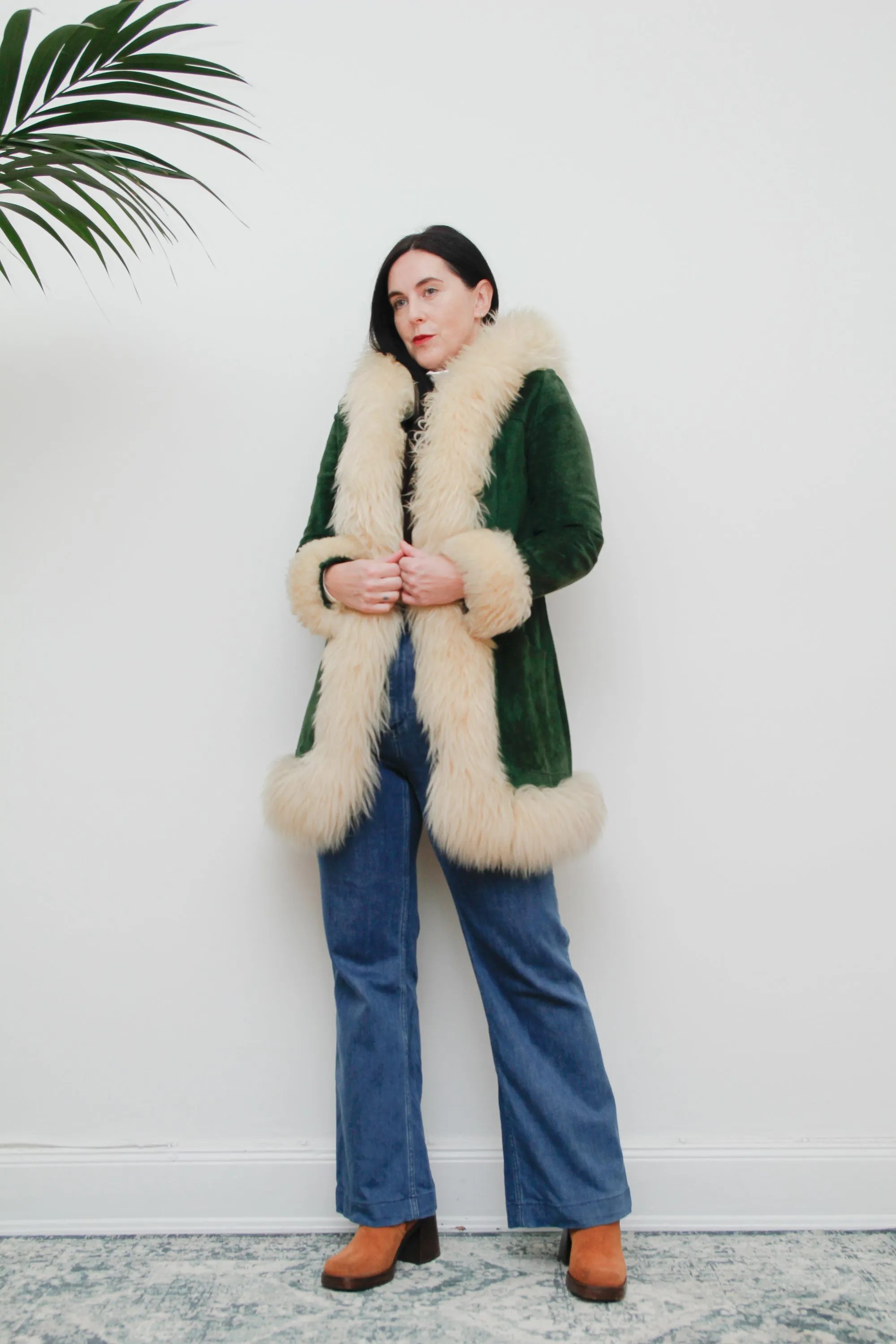 1970's Green Afghan Penny Lane Suede Sheepskin Coat