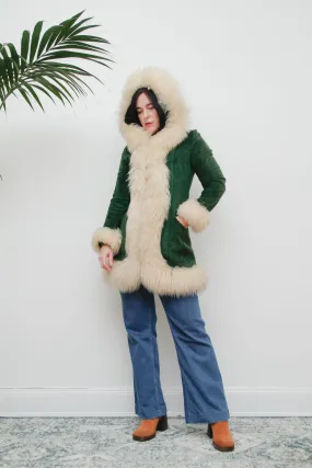 1970's Green Afghan Penny Lane Suede Sheepskin Coat
