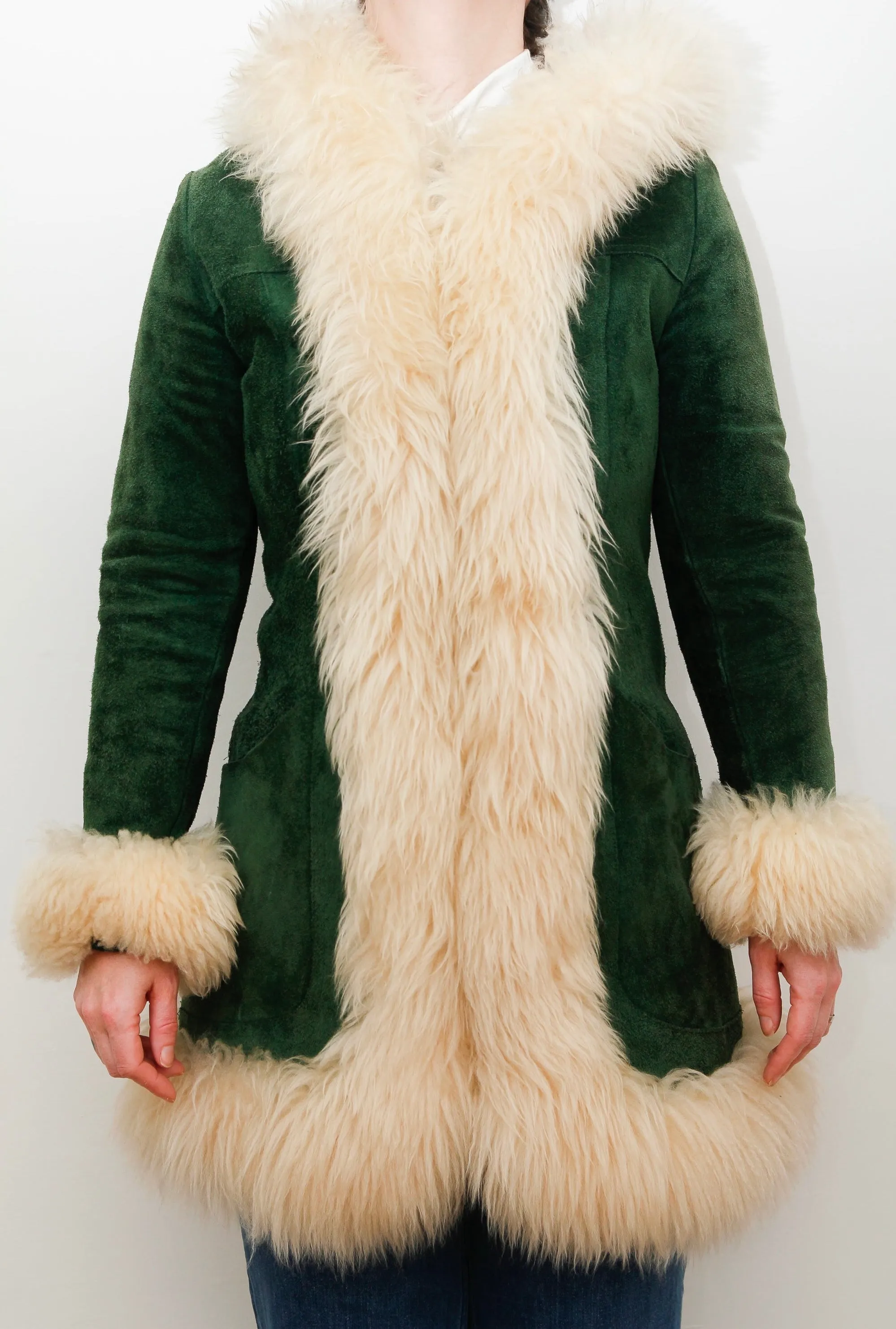 1970's Green Afghan Penny Lane Suede Sheepskin Coat