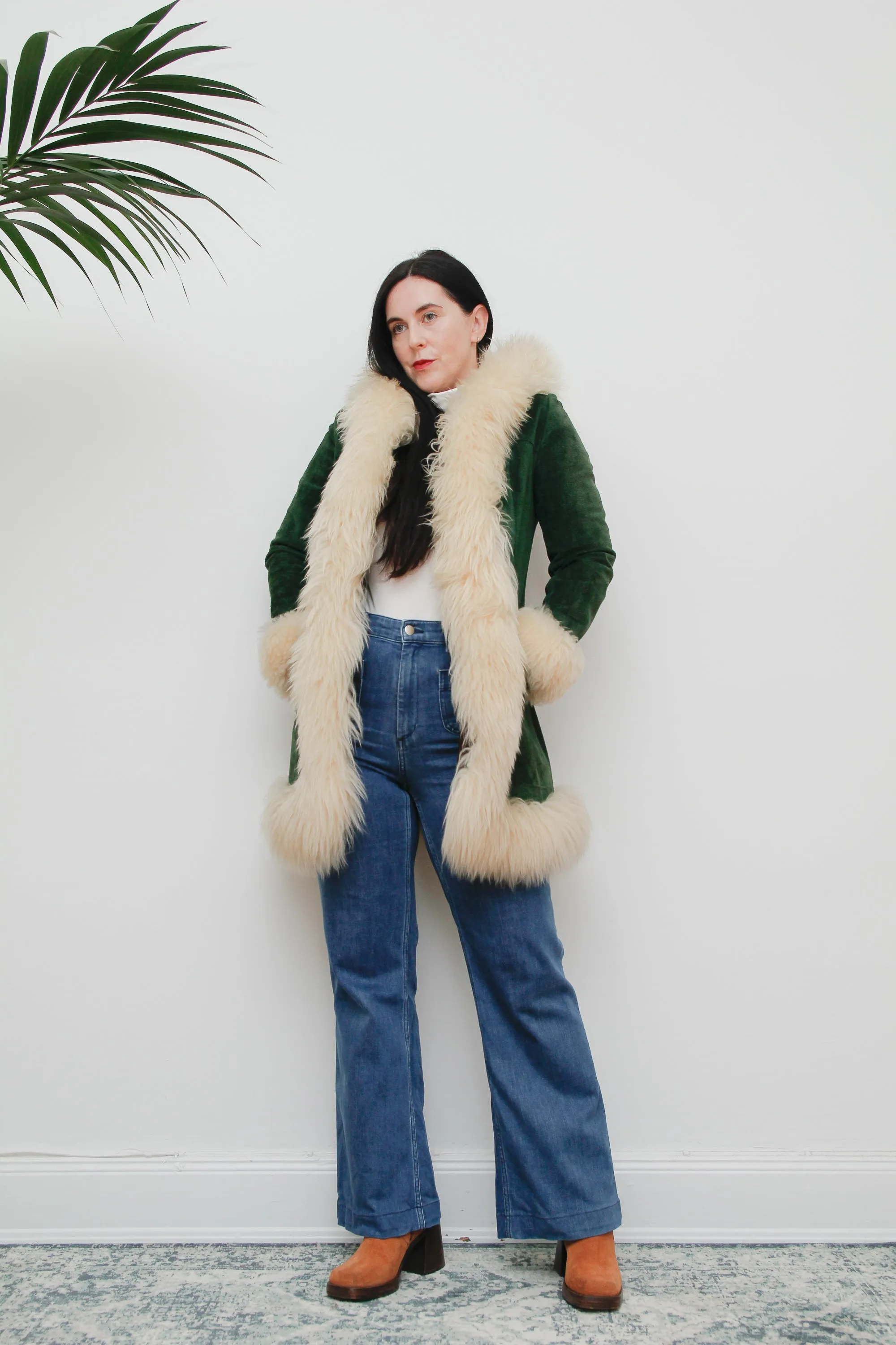 1970's Green Afghan Penny Lane Suede Sheepskin Coat