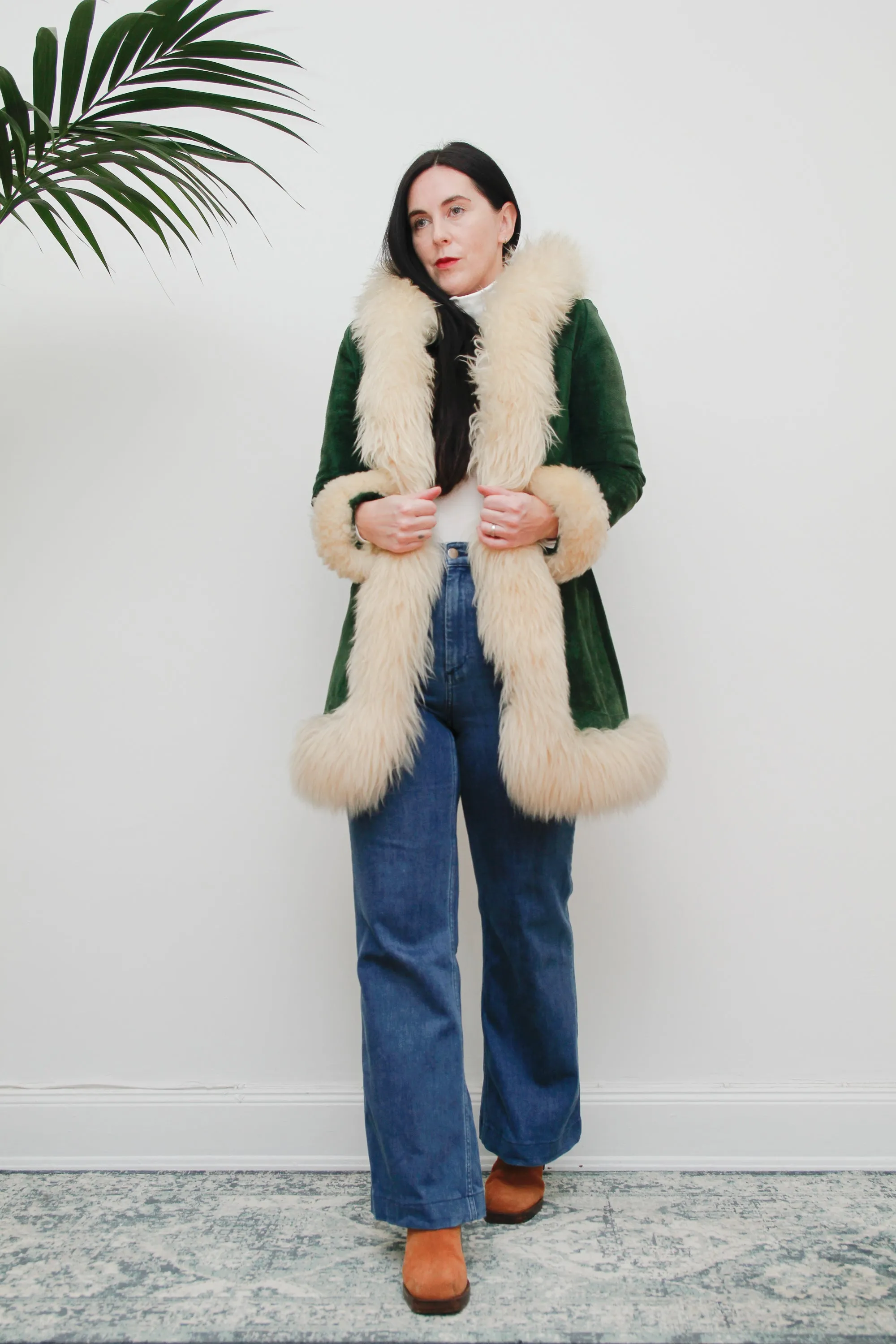 1970's Green Afghan Penny Lane Suede Sheepskin Coat