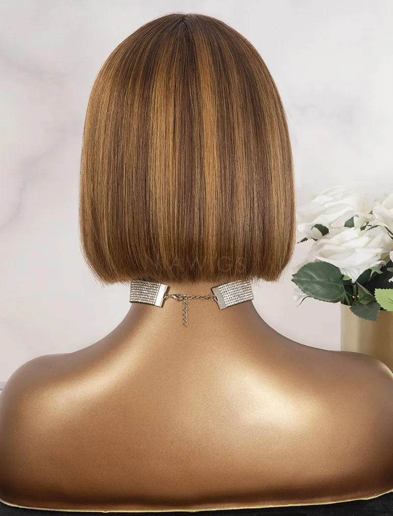 #27 Highlight Bob Straight Wig With Bangs Human Hair Scalp Top None Lace Wigs
