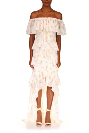 Badgley Mischka Off-shoulder zipper closure lace and floral print high low hem tiers georgette gown