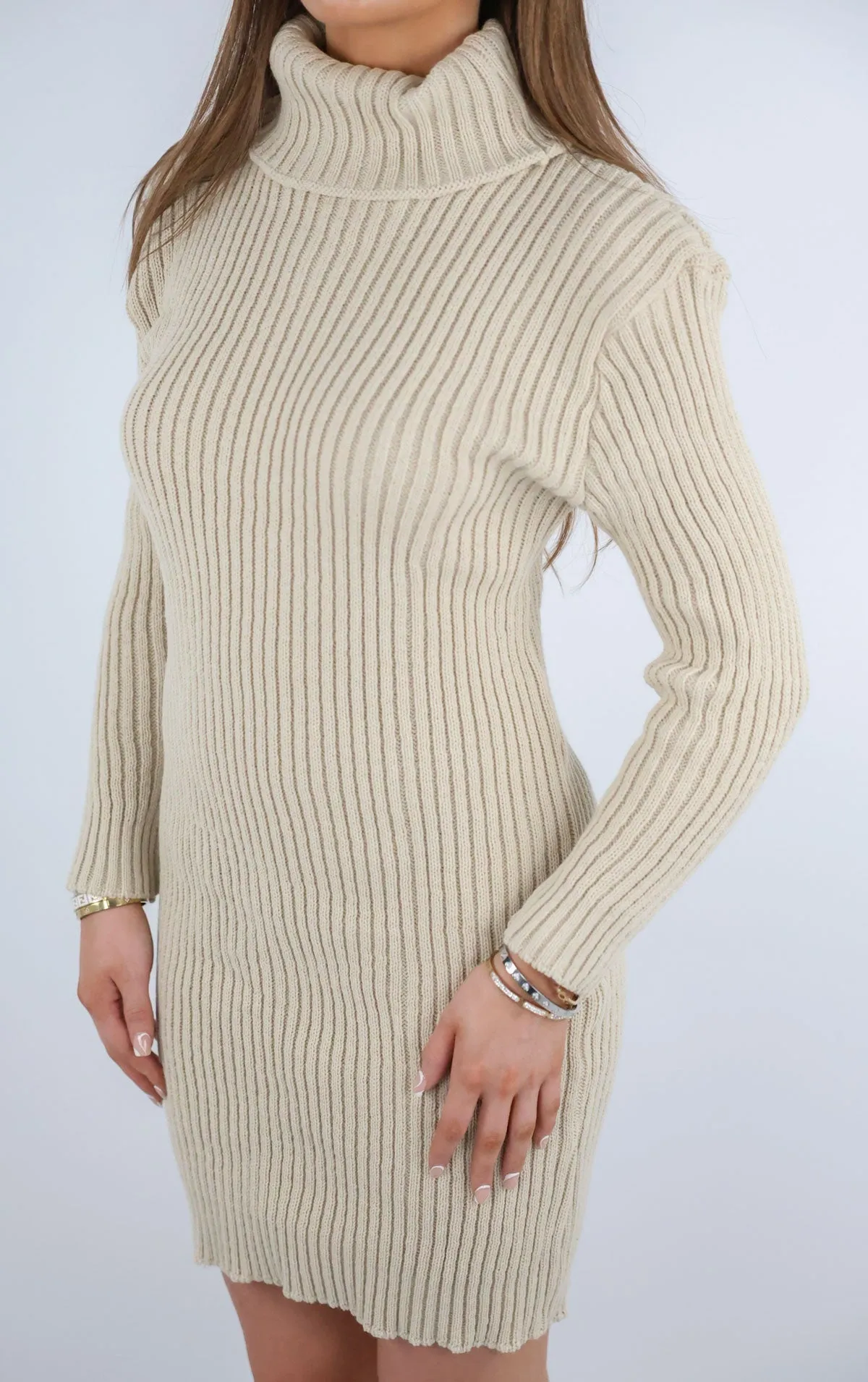 Beige Turtle Neck Knit Jumper Dress