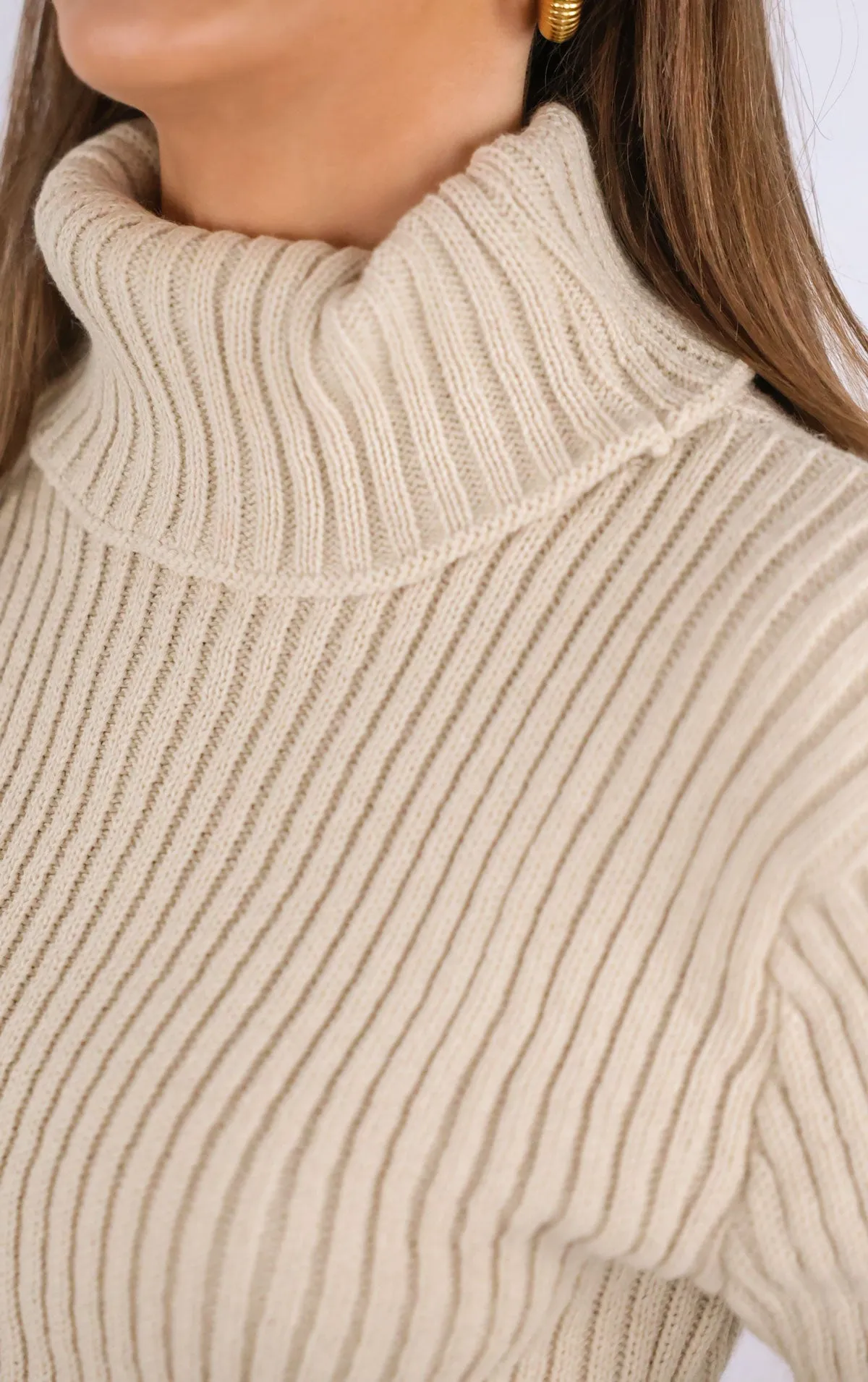 Beige Turtle Neck Knit Jumper Dress
