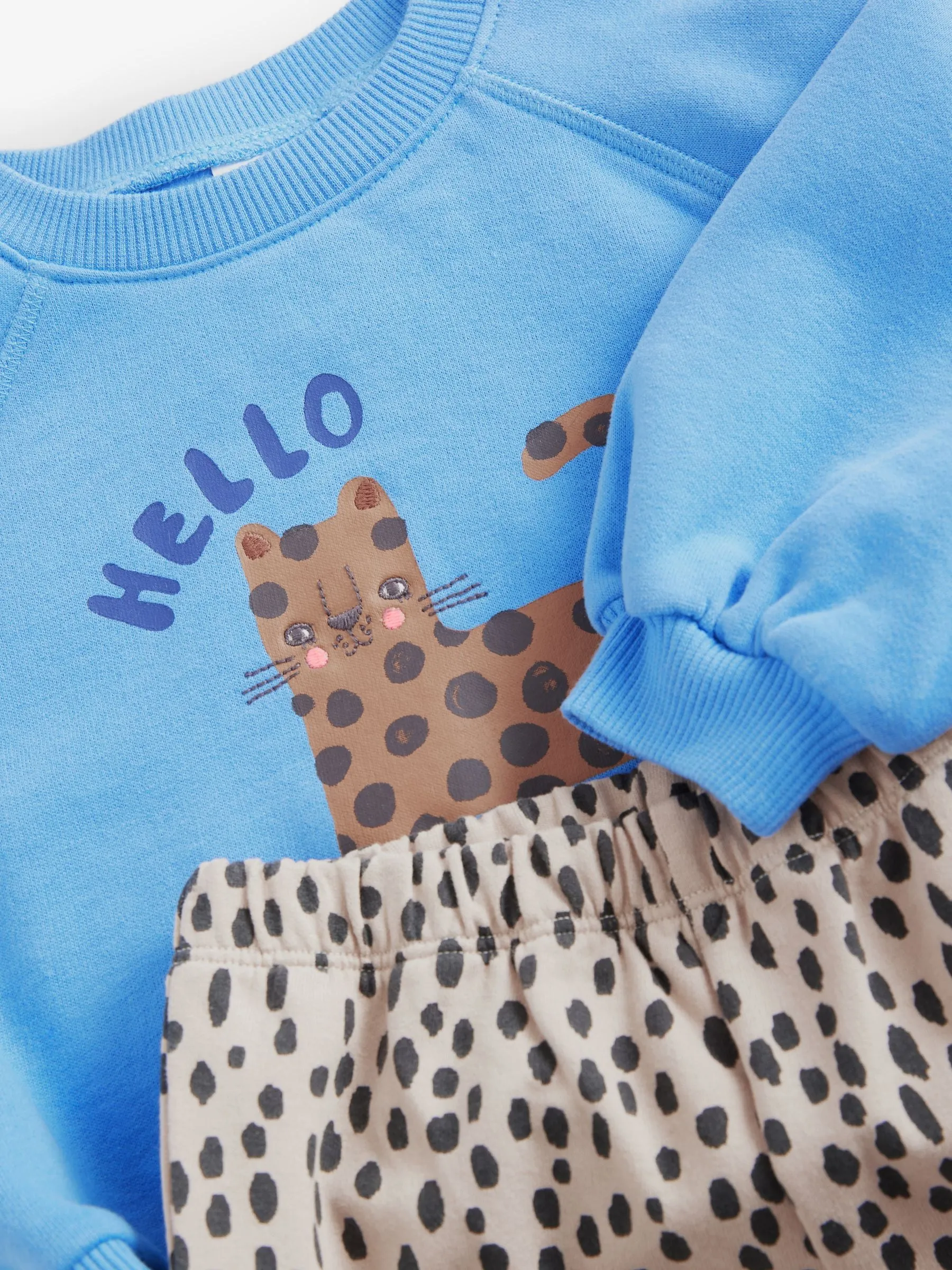 Blue Cat Sweatshirt and Printed 100% Cotton Wide Leg Joggers Set (3mths-7yrs)