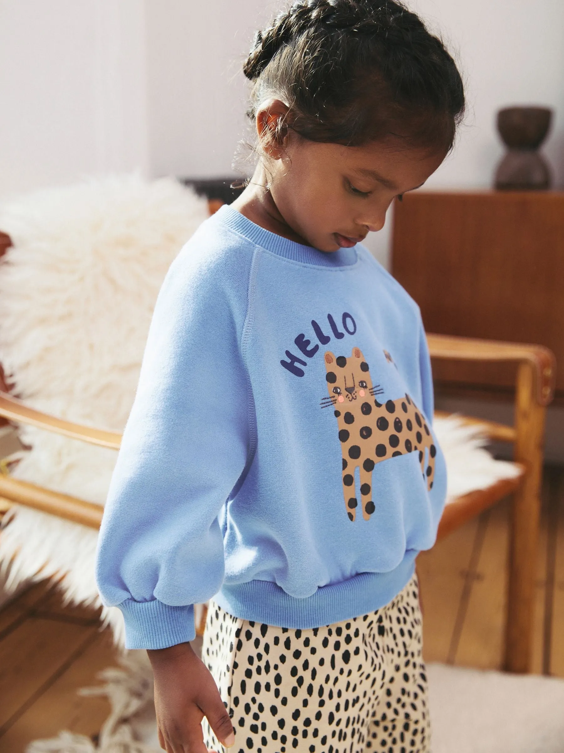 Blue Cat Sweatshirt and Printed 100% Cotton Wide Leg Joggers Set (3mths-7yrs)