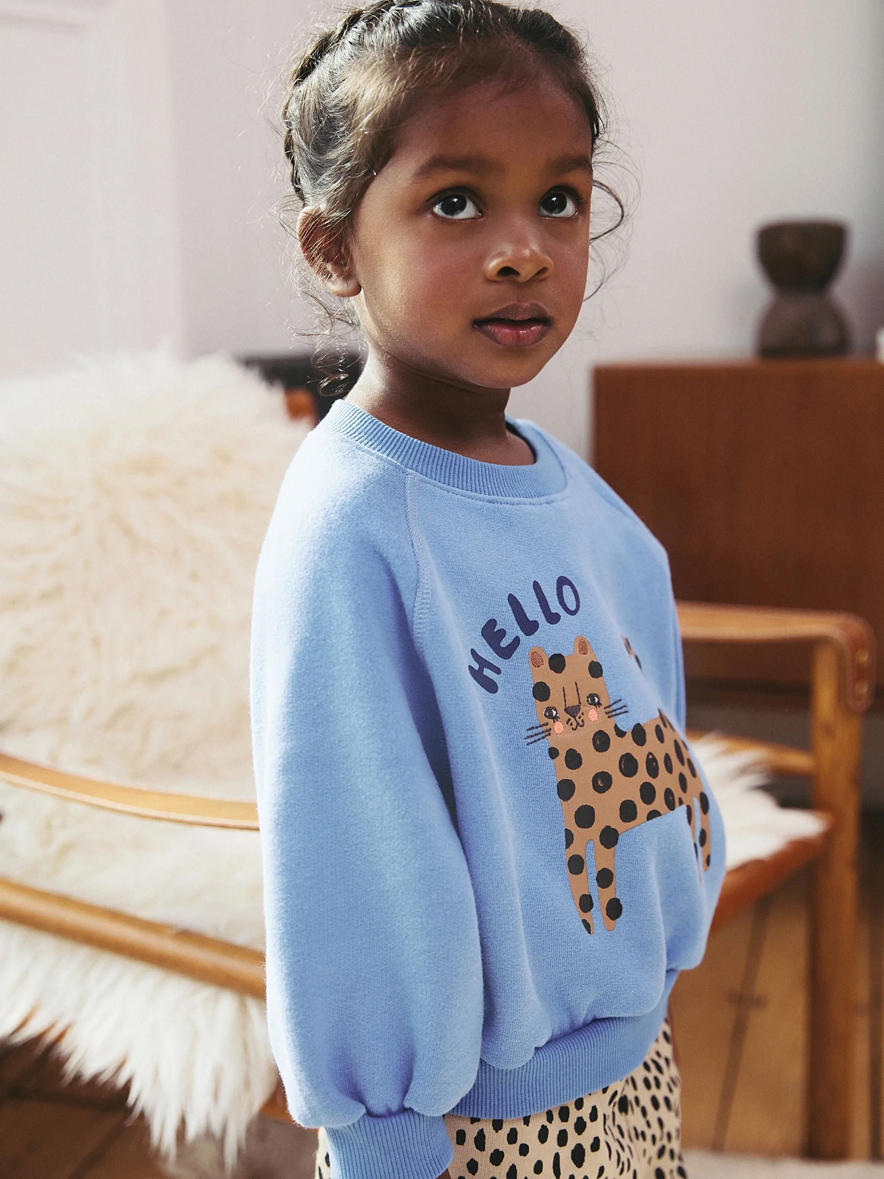 Blue Cat Sweatshirt and Printed 100% Cotton Wide Leg Joggers Set (3mths-7yrs)