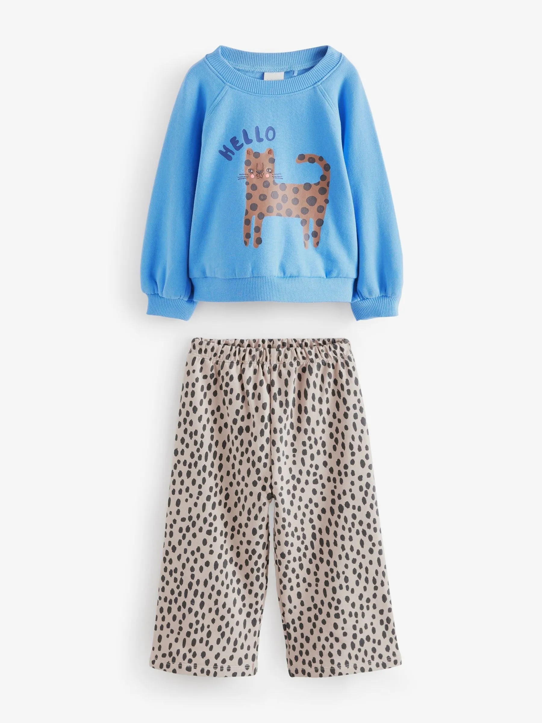 Blue Cat Sweatshirt and Printed 100% Cotton Wide Leg Joggers Set (3mths-7yrs)