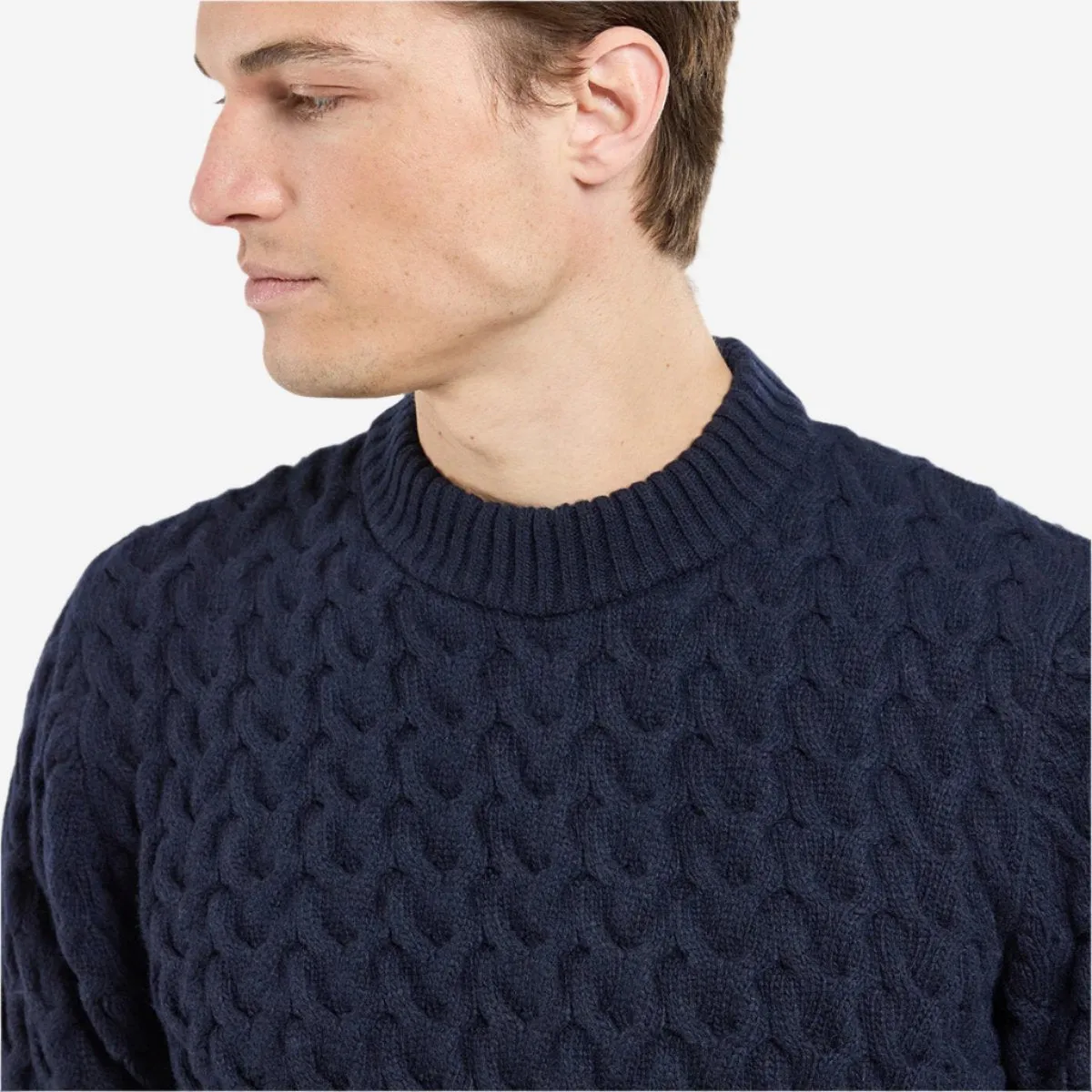 Cable Knit Fisherman Wool Sweater - Navy