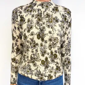 Cream Floral Fine Knit Cashmere Turtle Neck Jumper Medium