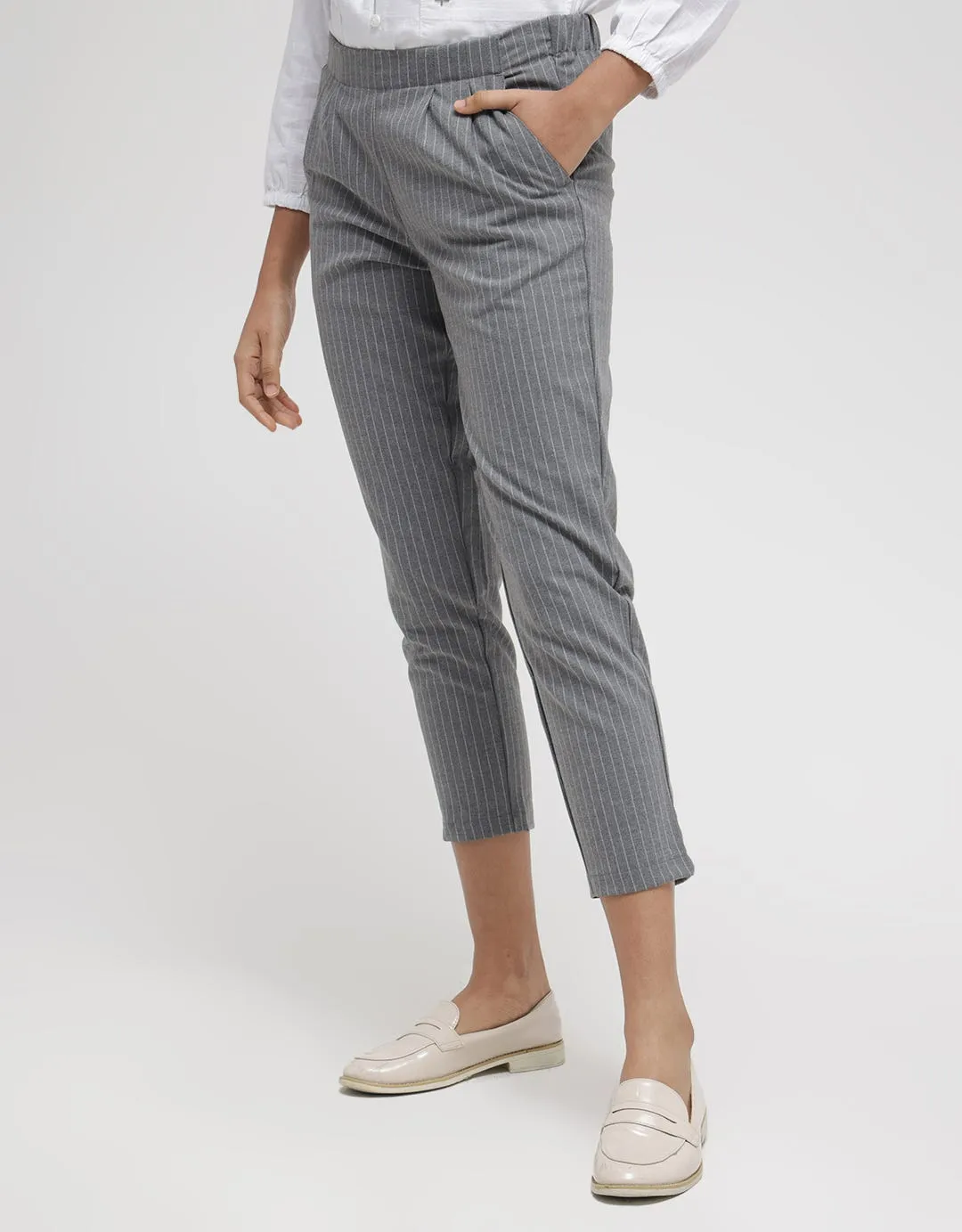Details Pants With Half Elastic At Waist And Tapered Fit