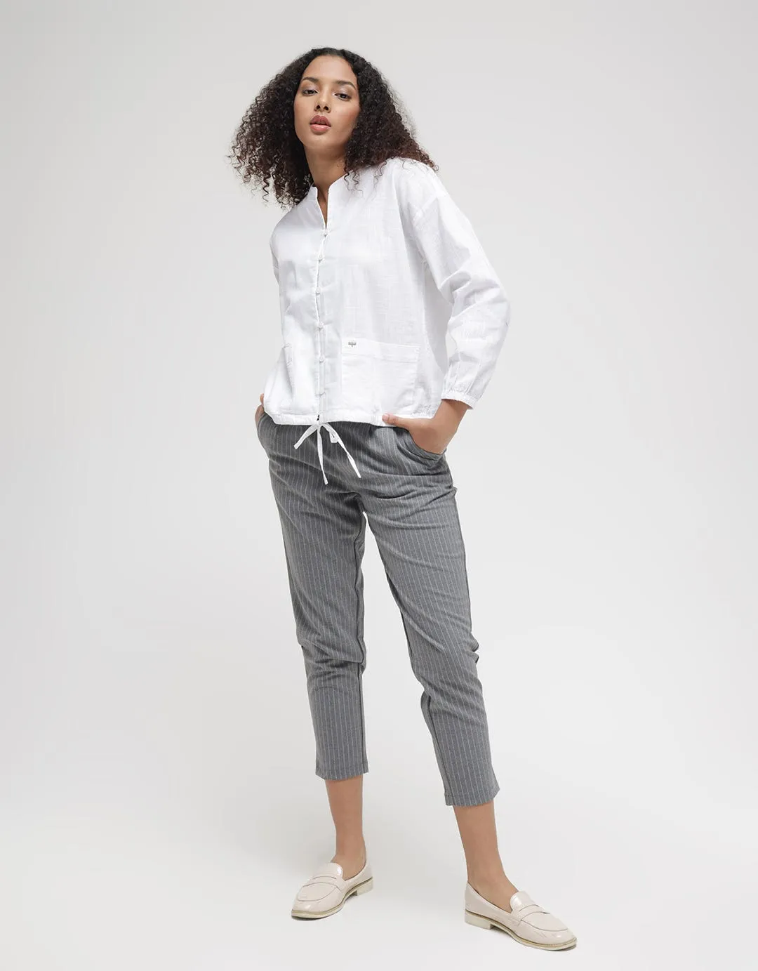 Details Pants With Half Elastic At Waist And Tapered Fit