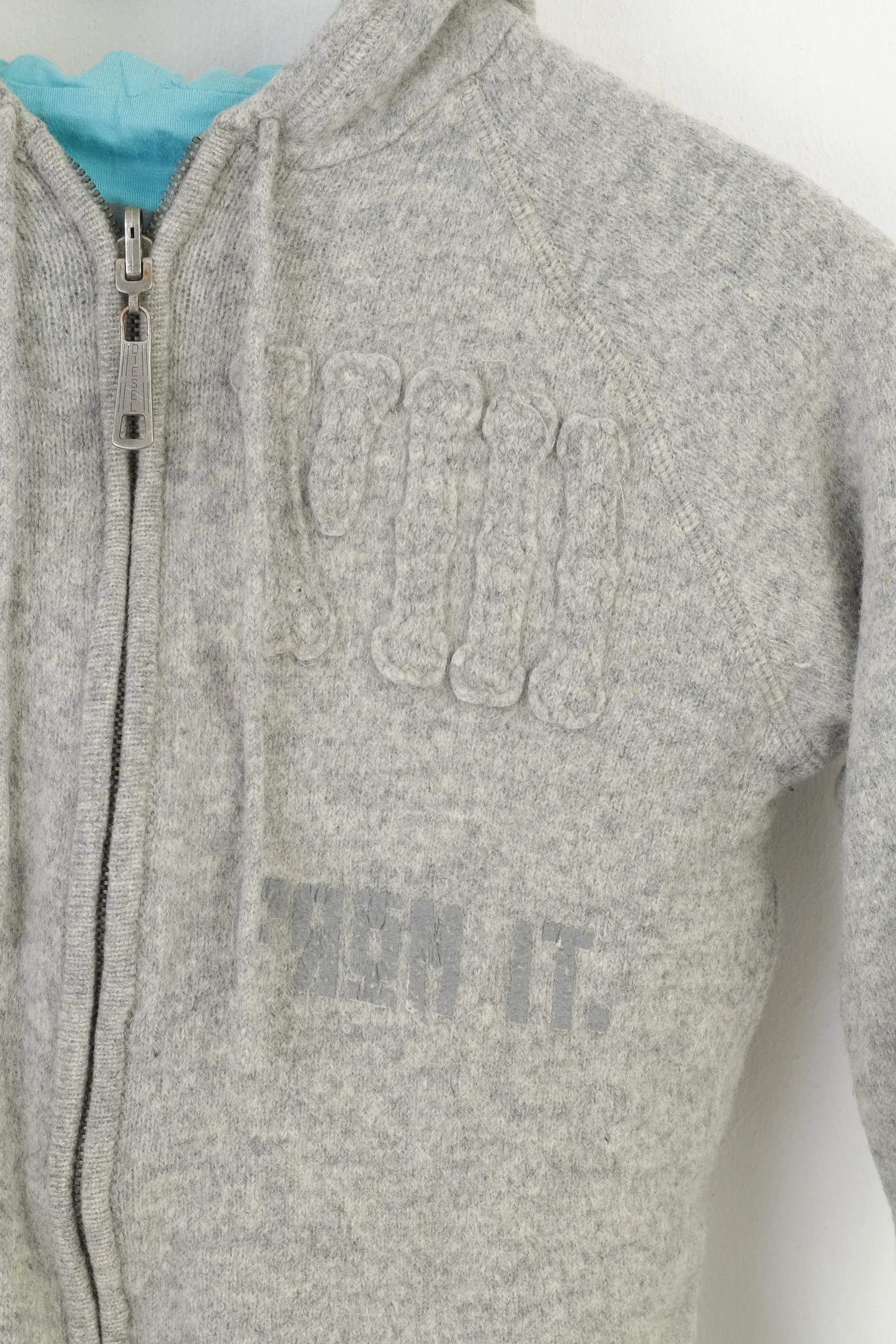 Diesel Women M  S Sweatshirt  Sweater Grey Wool Zip Up Hooded  Jumper Vintage  Top