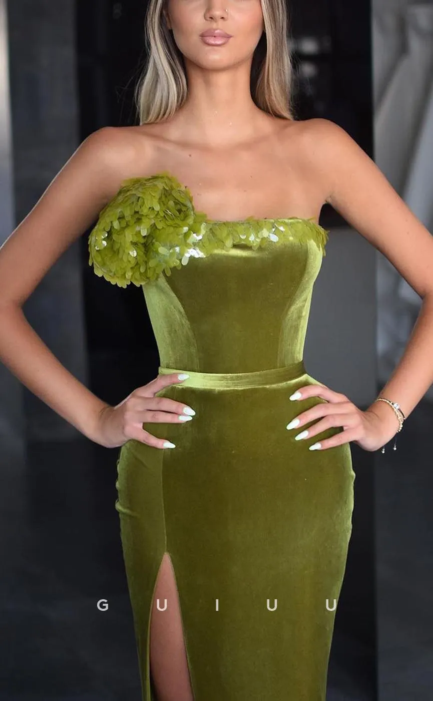 G3577 - Sexy & Hot Sheath Strapless High Side Slit Sash Floral Embossed Sequins Floor-Length Party Gown Prom Dress
