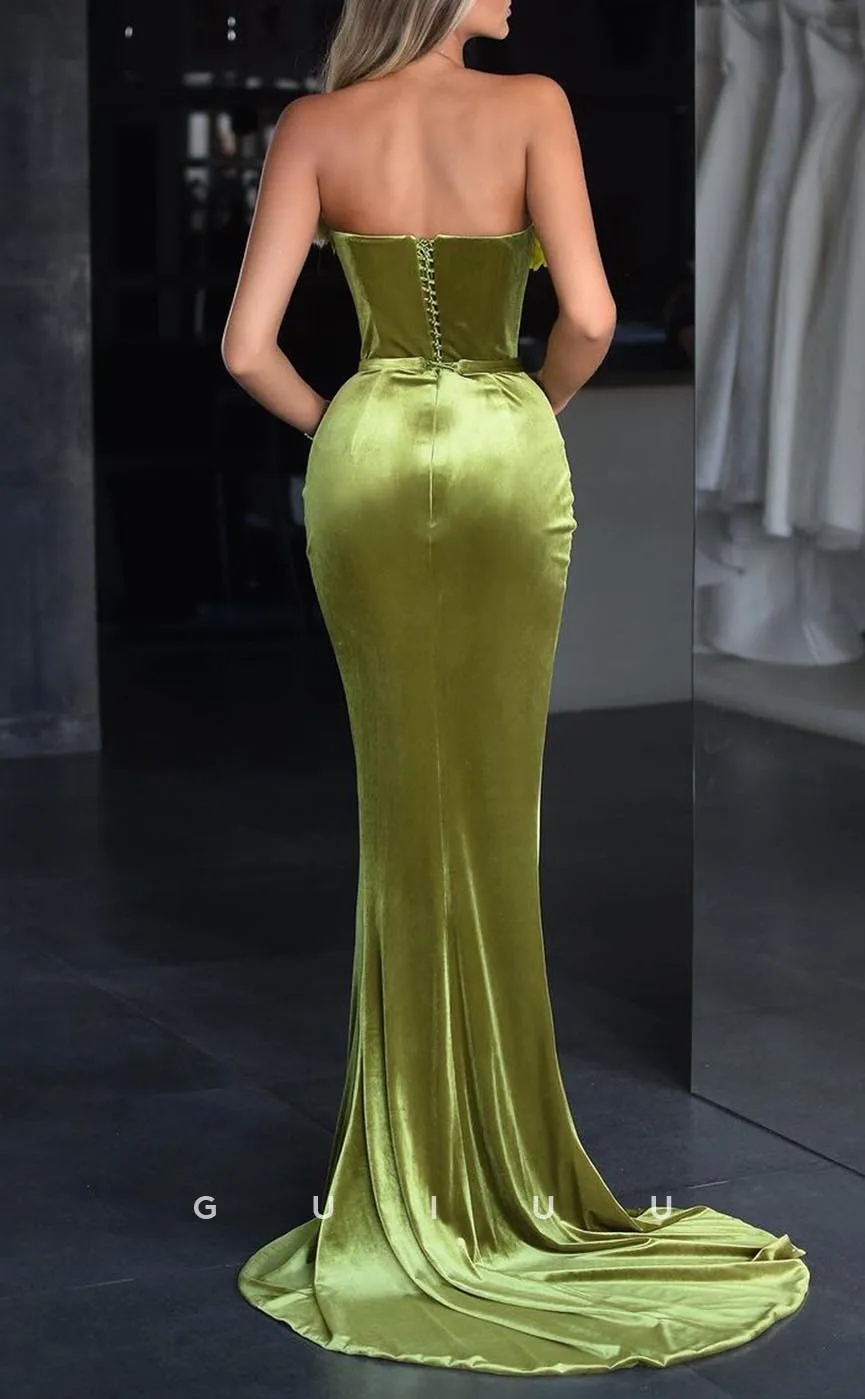G3577 - Sexy & Hot Sheath Strapless High Side Slit Sash Floral Embossed Sequins Floor-Length Party Gown Prom Dress