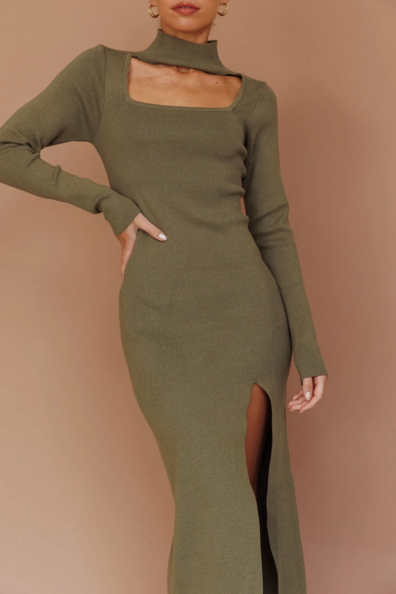 Get Acquainted Cut-Out Bust Midi Dress Olive
