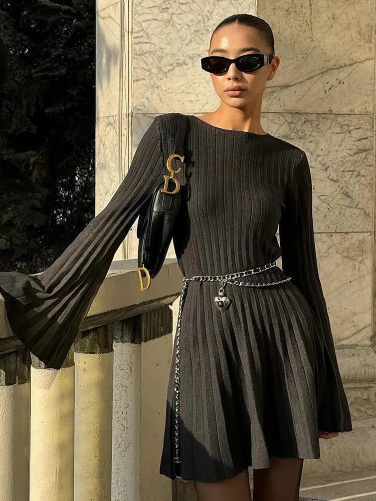 Girlary Knit Dress Long Sleeve Flare Sleeve Casual Ribbed Knit Long Dress  A-Line Party Dress Solid Loose Pleats Hem Basic