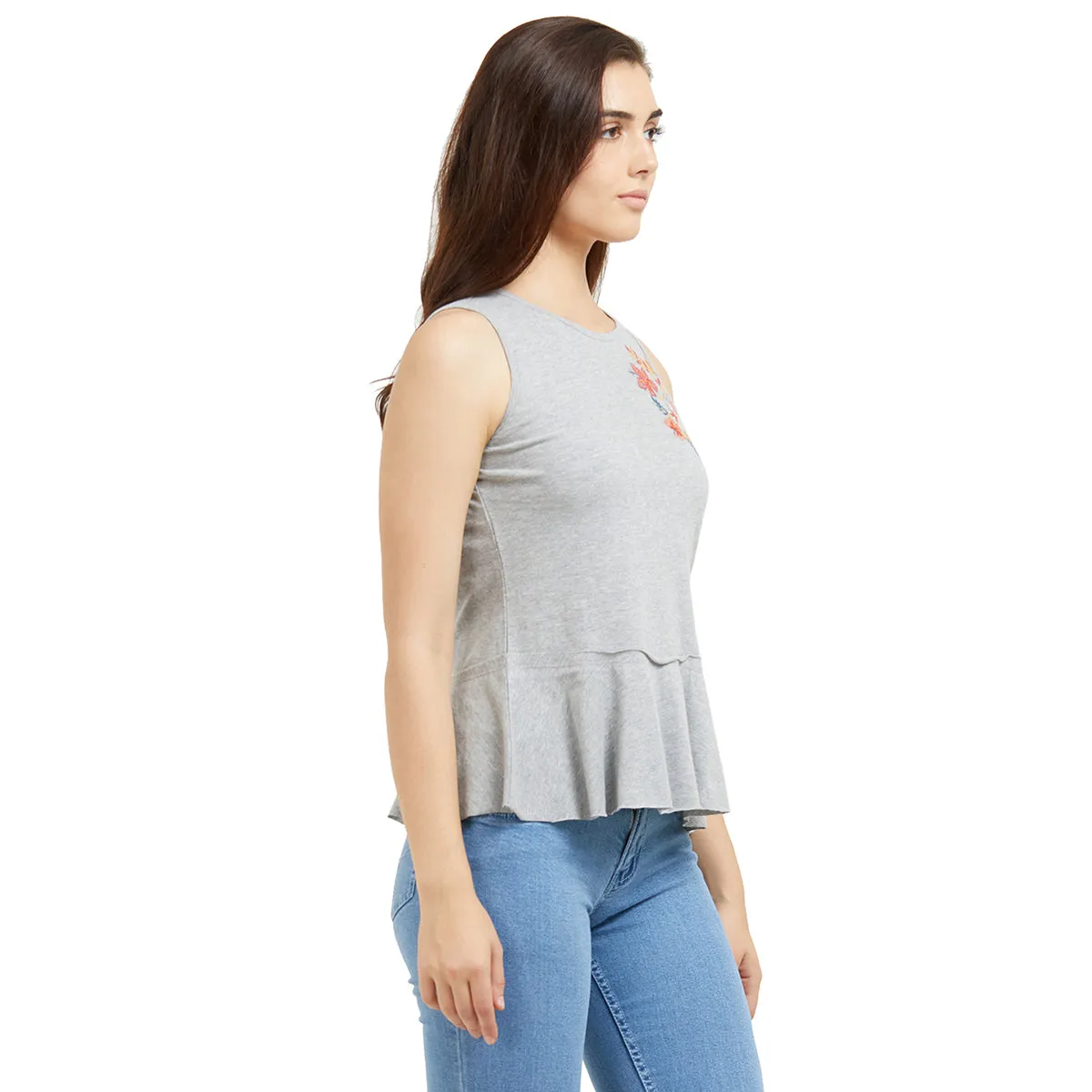 Grey Sleeveless Embroidered Top