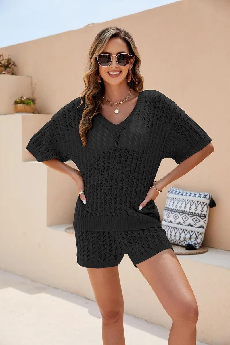 HOLLOW CHUNKY KNIT LOOSE FIT TOP AND SHORTS SET