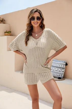 HOLLOW CHUNKY KNIT LOOSE FIT TOP AND SHORTS SET