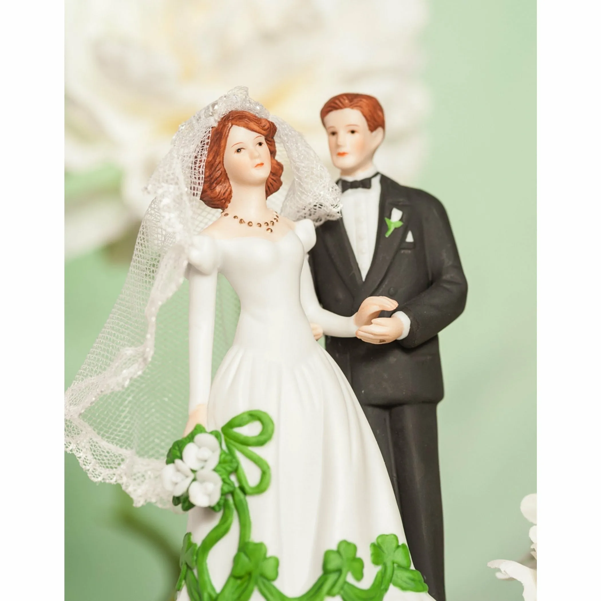 Irish Bride and Groom Shamrock Accent Wedding Cake Topper Figurine