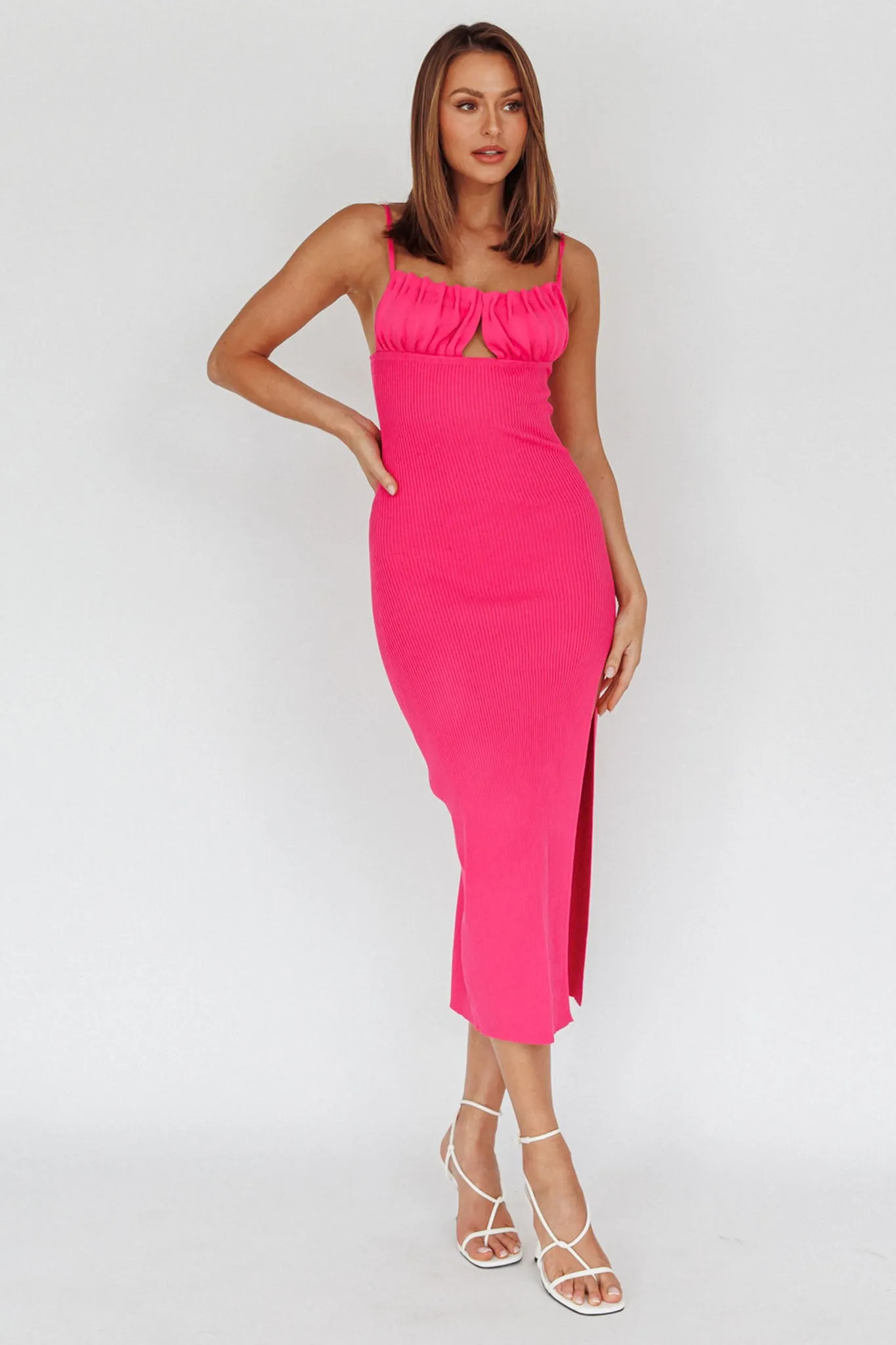 Jelina Gathered Bust Knit Midi Dress Fuchsia