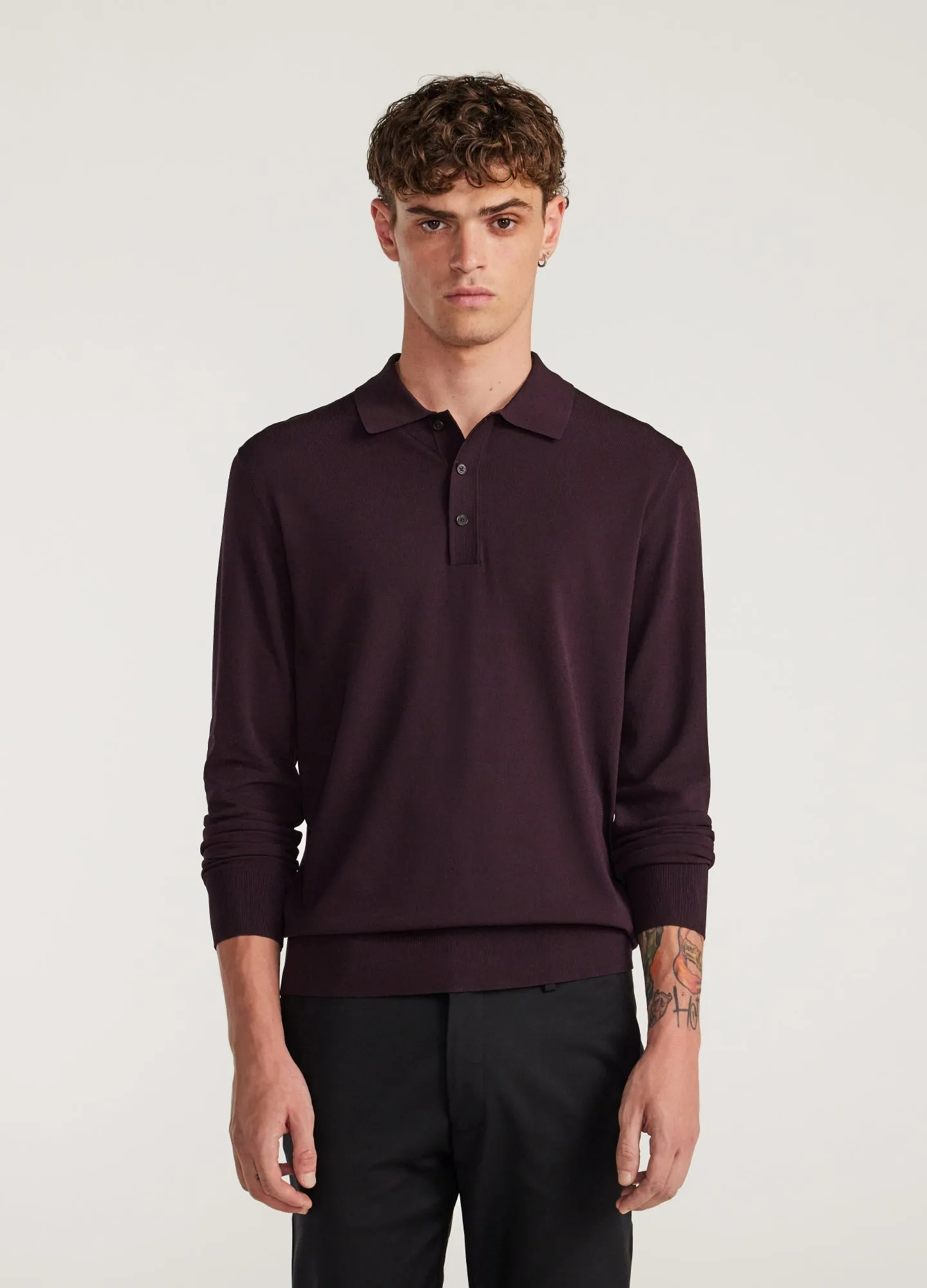 Long Sleeved Tech Knit Polo Aubergine