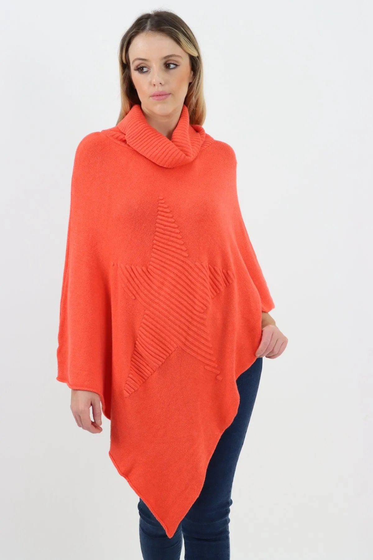 Made In Italy Star Ribbed Cowl Neck Poncho Top