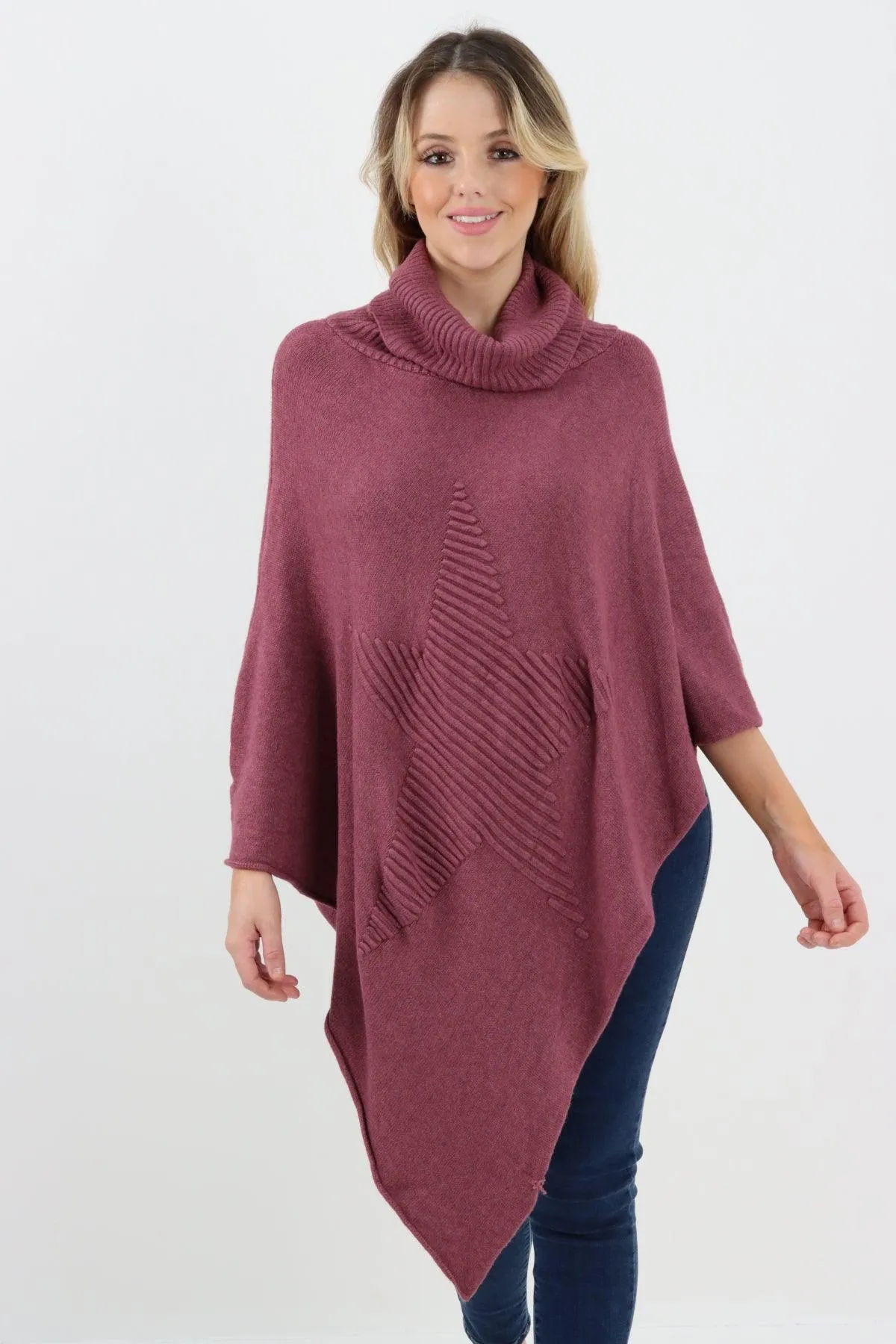 Made In Italy Star Ribbed Cowl Neck Poncho Top