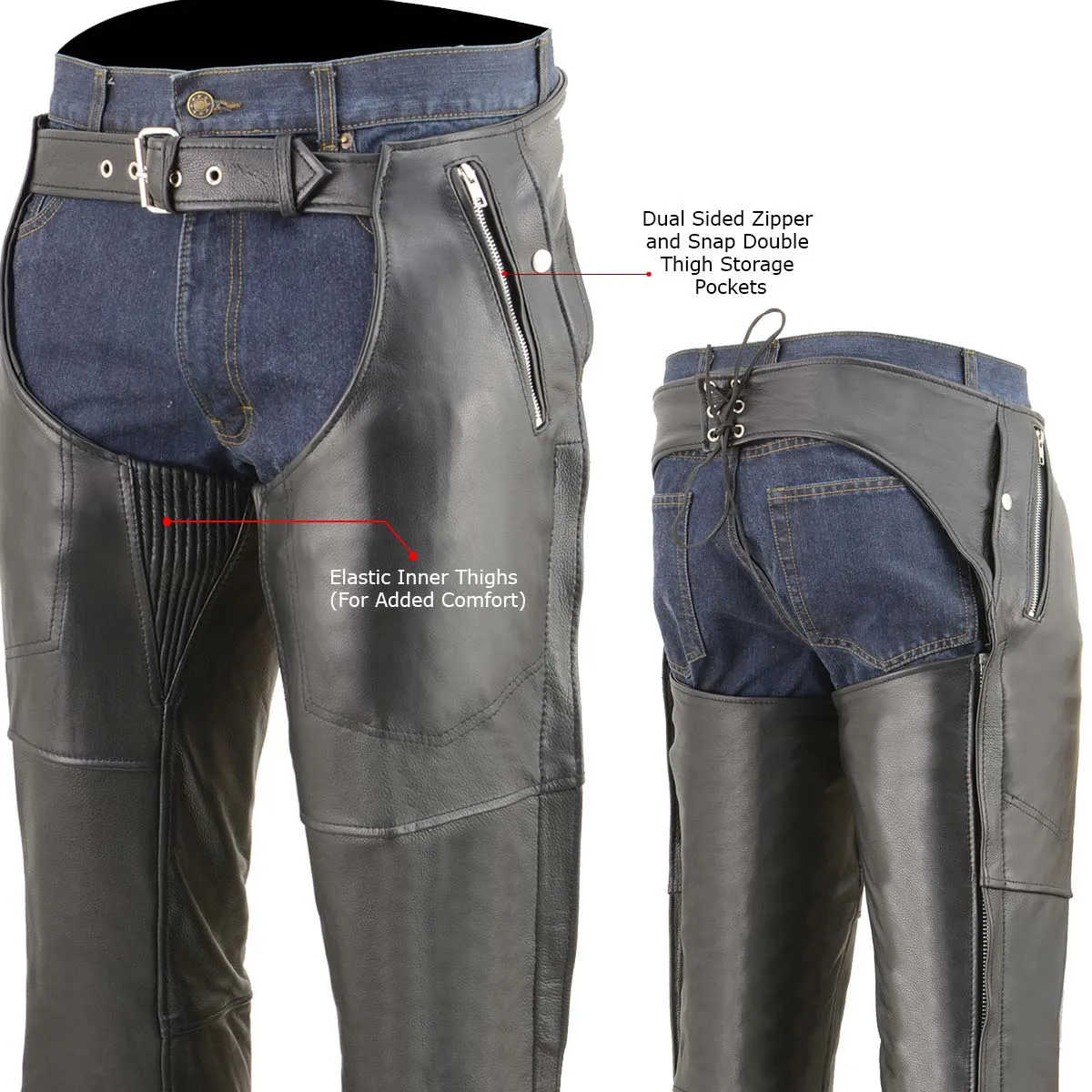 Milwaukee Leather MLM5505 Men's Removal Thermal Lined Black Premium Leather Motorcycle Chaps w/ Cool-Tec Leather