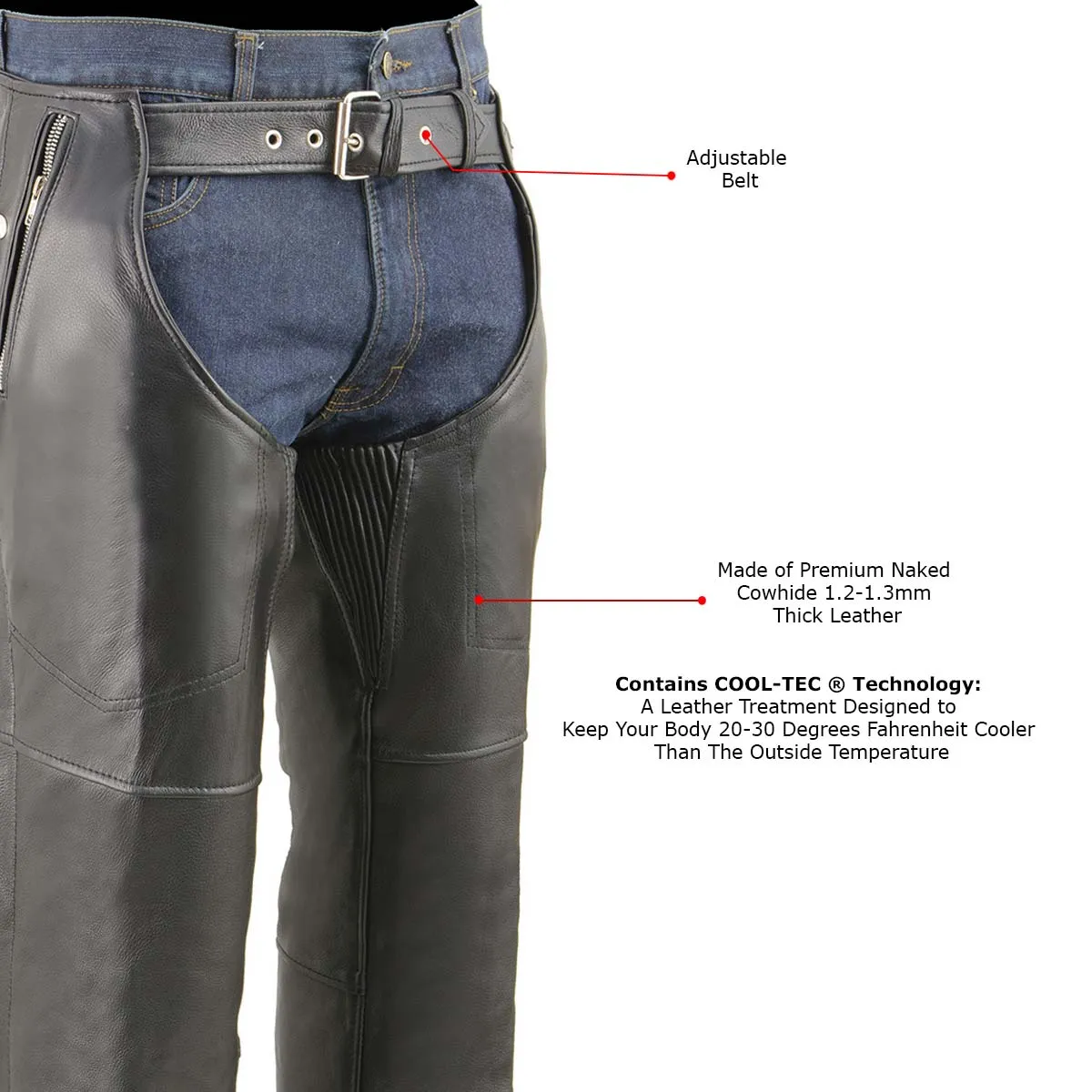 Milwaukee Leather MLM5505 Men's Removal Thermal Lined Black Premium Leather Motorcycle Chaps w/ Cool-Tec Leather
