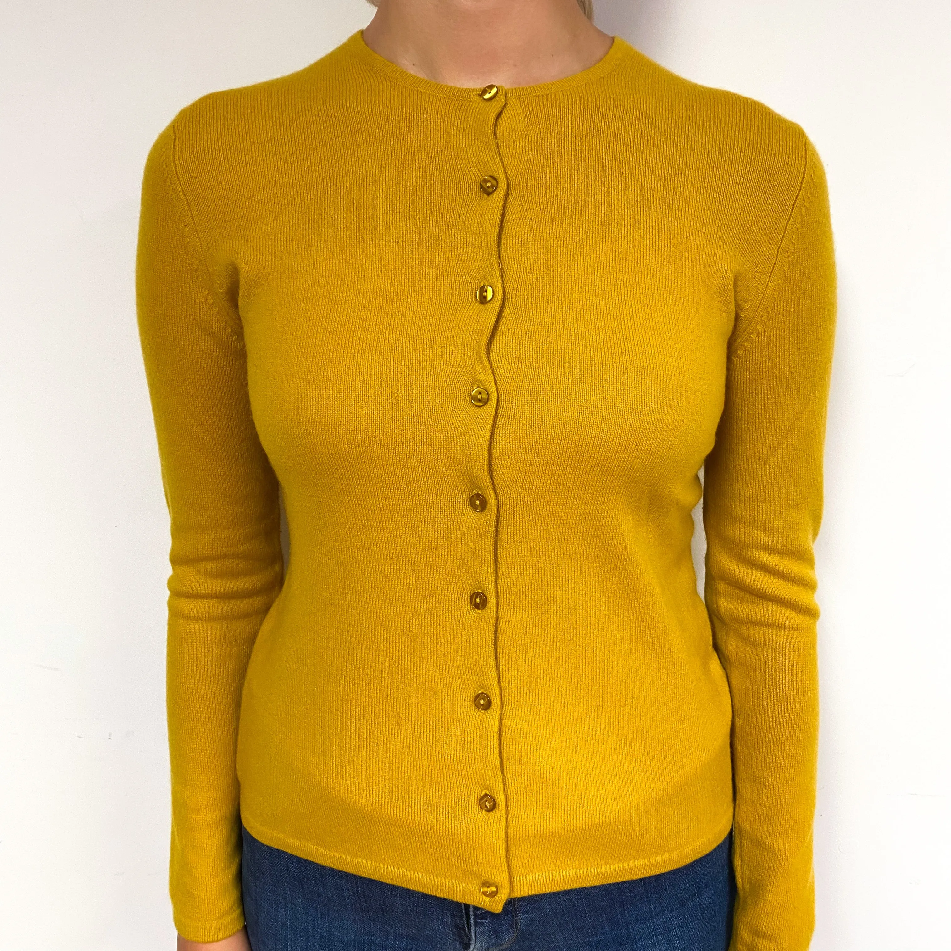 Mustard Yellow Cashmere Crew Neck Cardigan Small