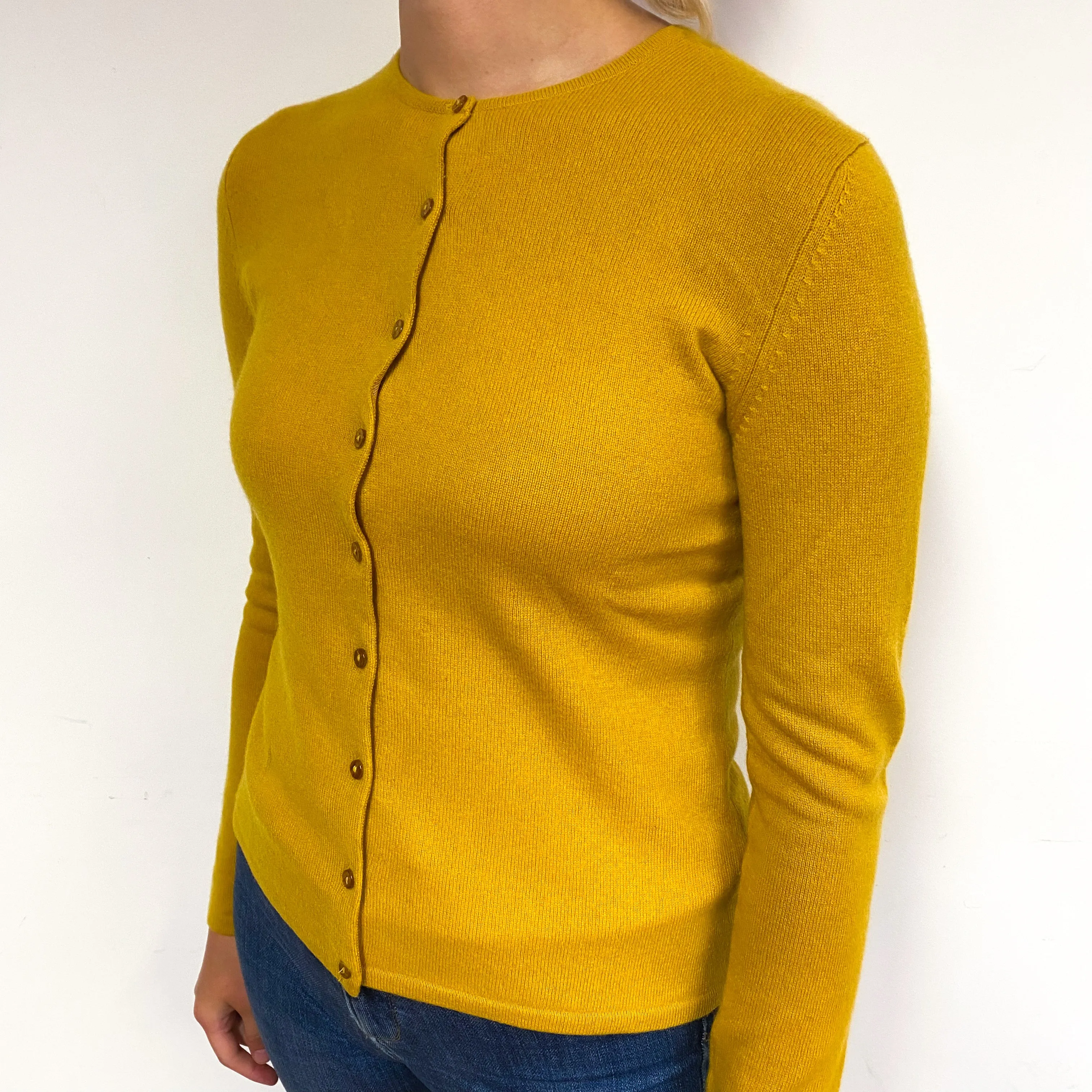 Mustard Yellow Cashmere Crew Neck Cardigan Small