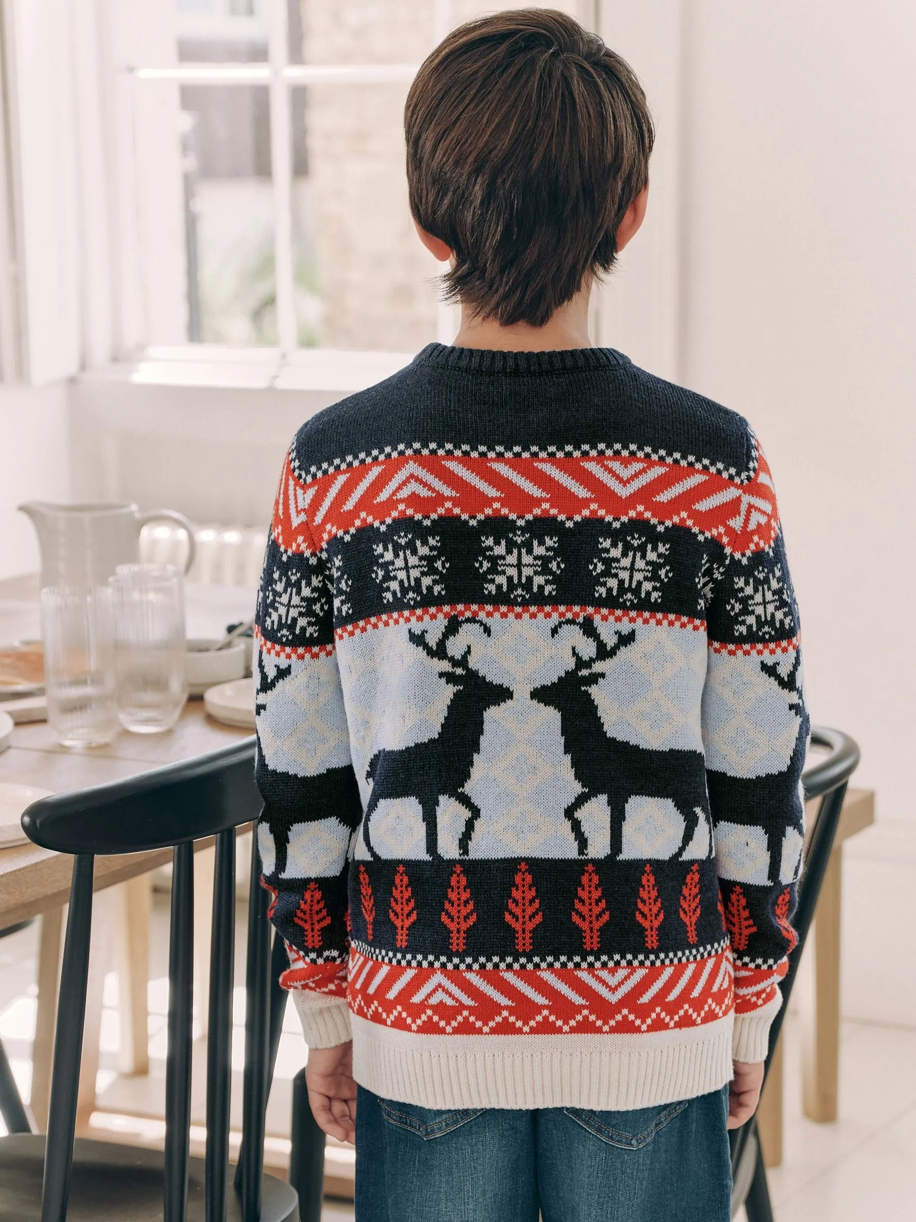 Navy Blue/Red Matching Family Boys Christmas Fairisle Pattern Reindeer Jumper (3mths-16yrs)