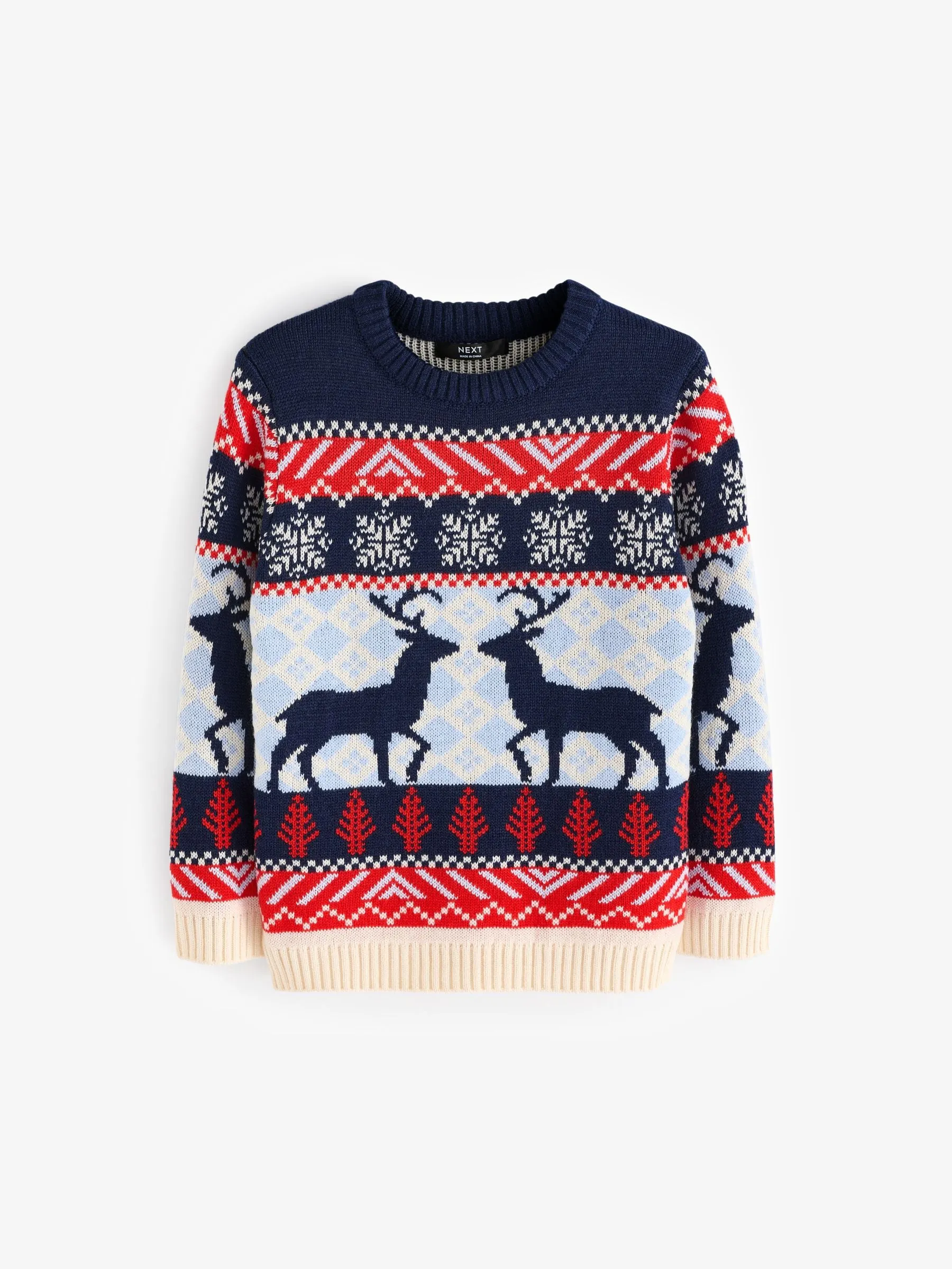 Navy Blue/Red Matching Family Boys Christmas Fairisle Pattern Reindeer Jumper (3mths-16yrs)