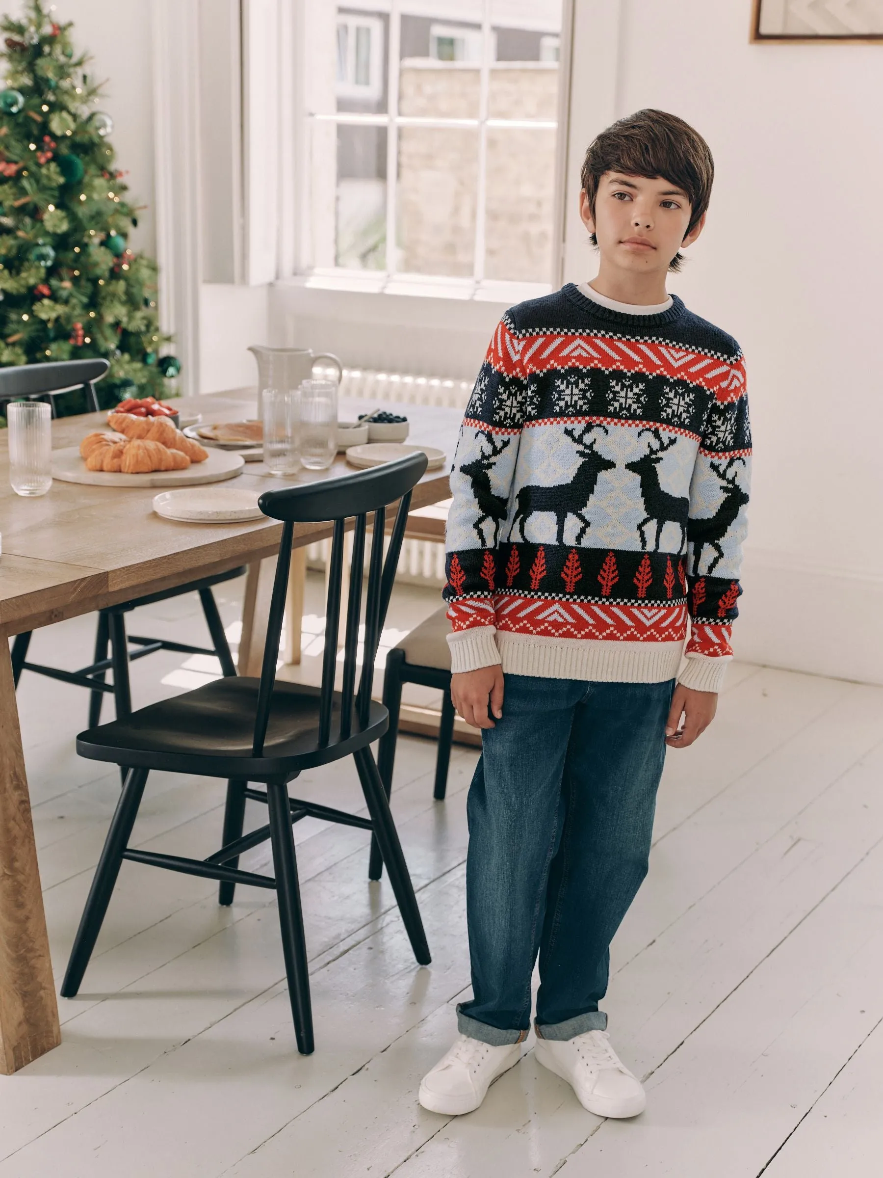 Navy Blue/Red Matching Family Boys Christmas Fairisle Pattern Reindeer Jumper (3mths-16yrs)