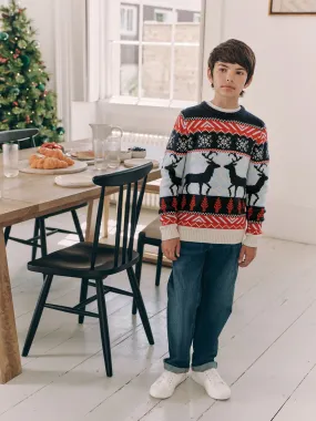 Navy Blue/Red Matching Family Boys Christmas Fairisle Pattern Reindeer Jumper (3mths-16yrs)