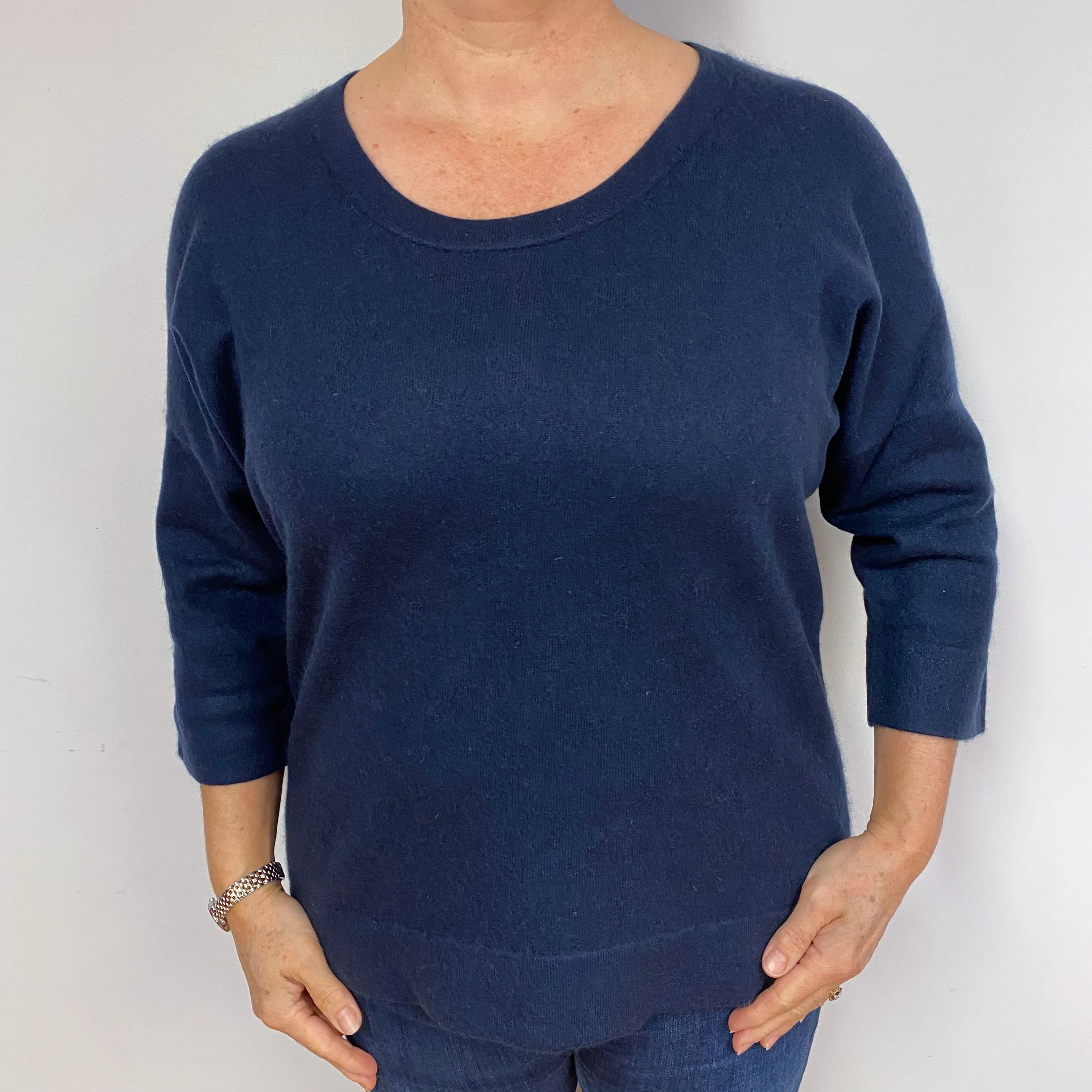 Navy Button Back Cashmere Crew Neck Jumper Large