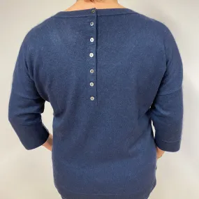 Navy Button Back Cashmere Crew Neck Jumper Large
