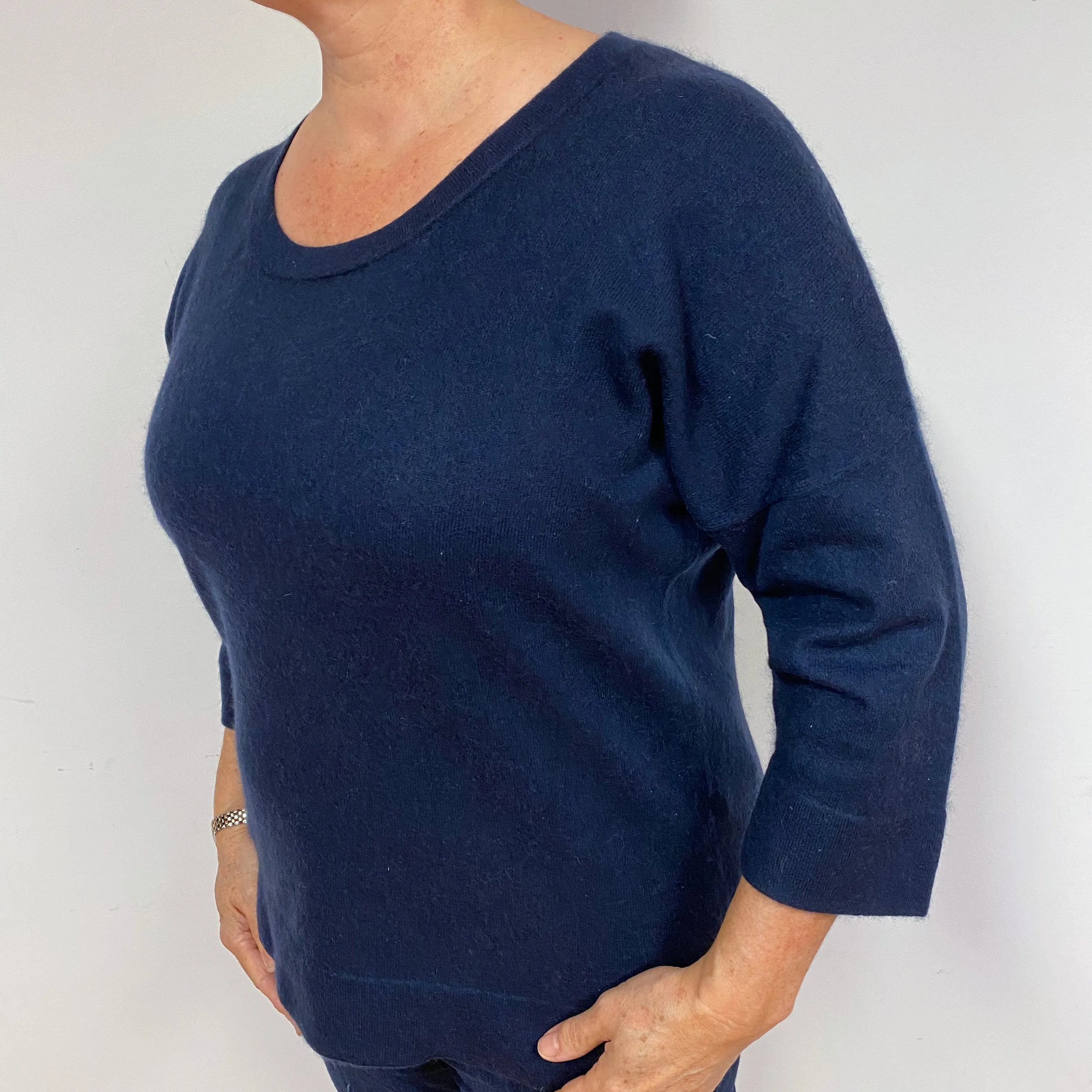 Navy Button Back Cashmere Crew Neck Jumper Large