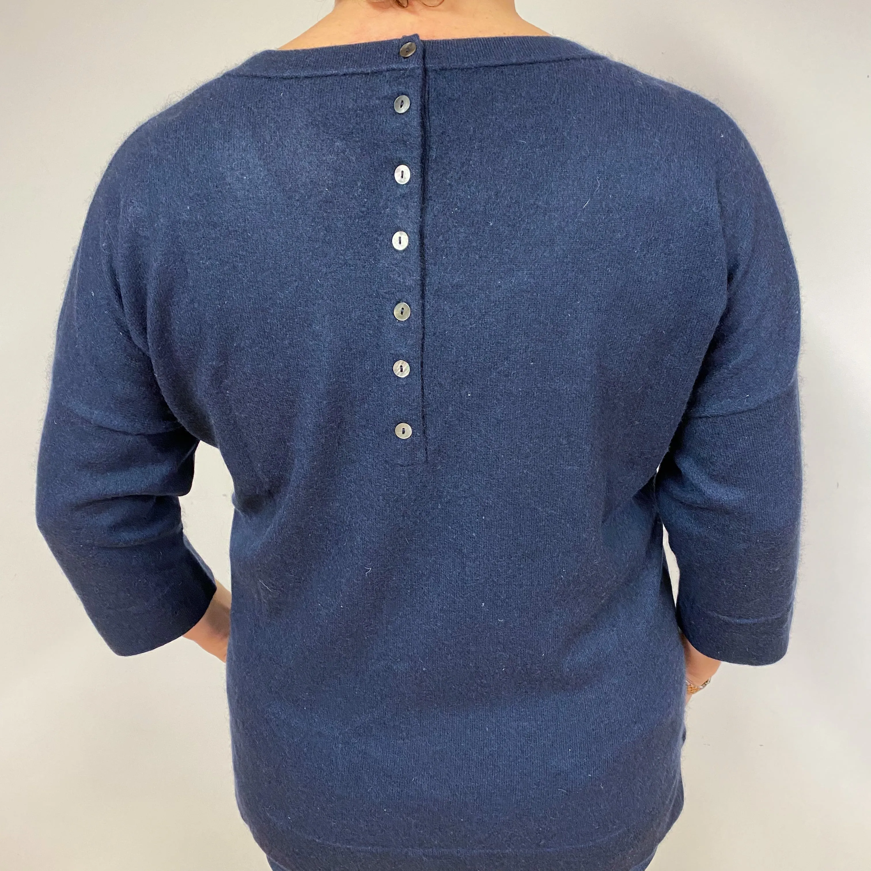 Navy Button Back Cashmere Crew Neck Jumper Large